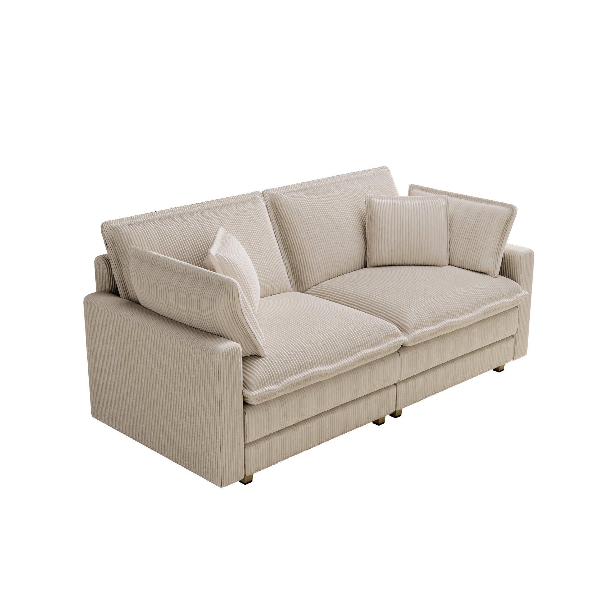 Beige corduroy sectional sofa with plush cushions and modern gold legs