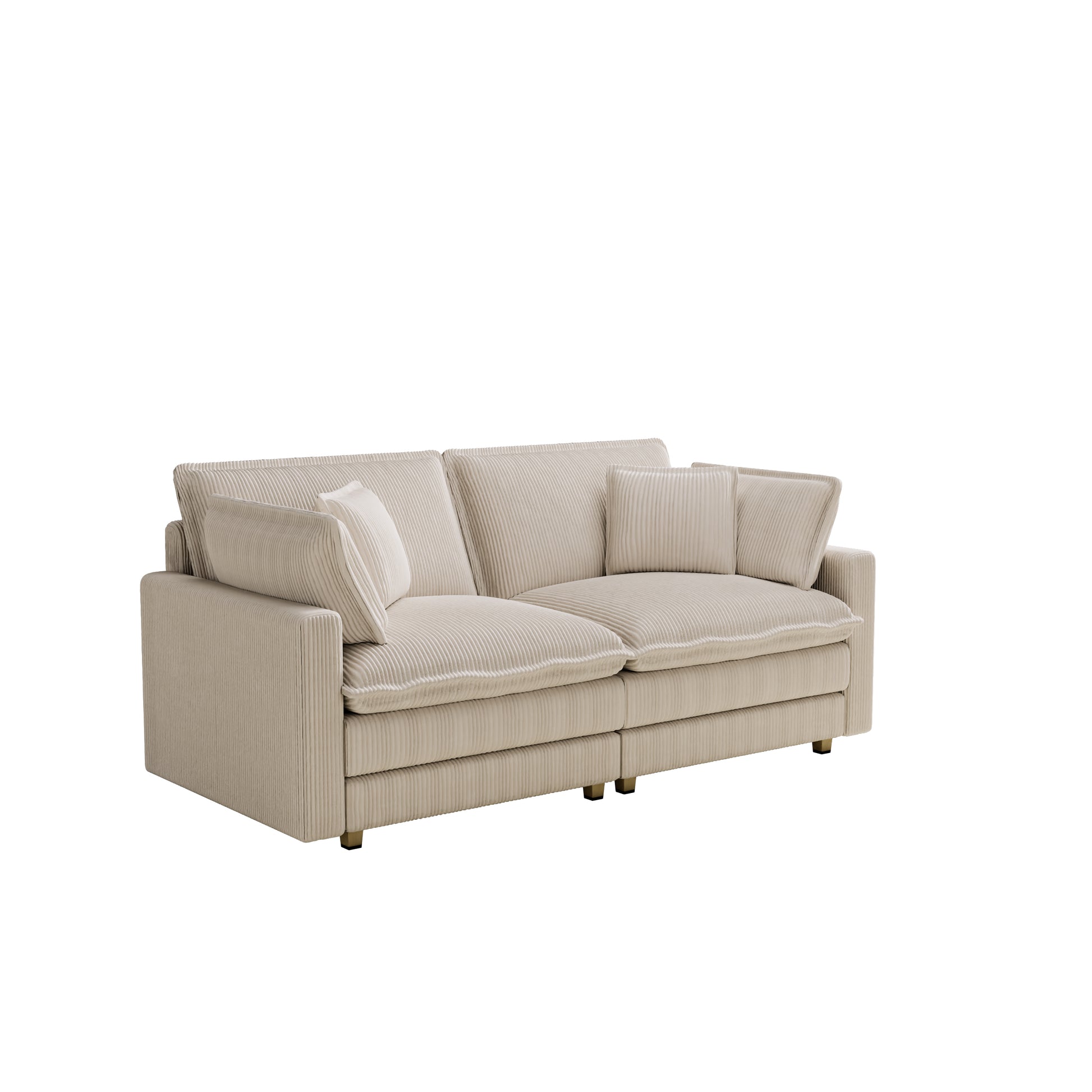 Beige corduroy sofa with plush cushions and gold legs modern design