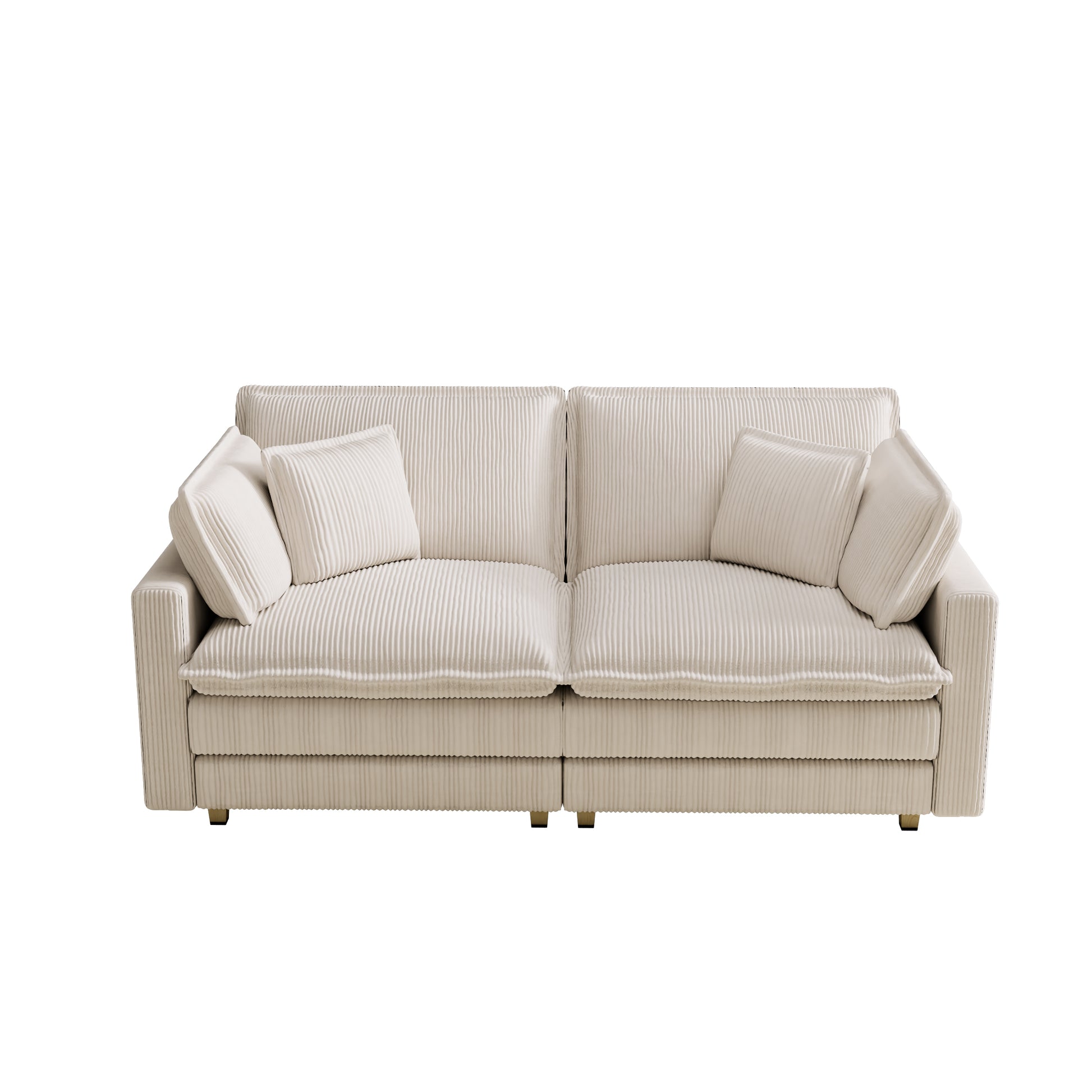 Plush cream corduroy sofa with two matching throw pillows on a white background
