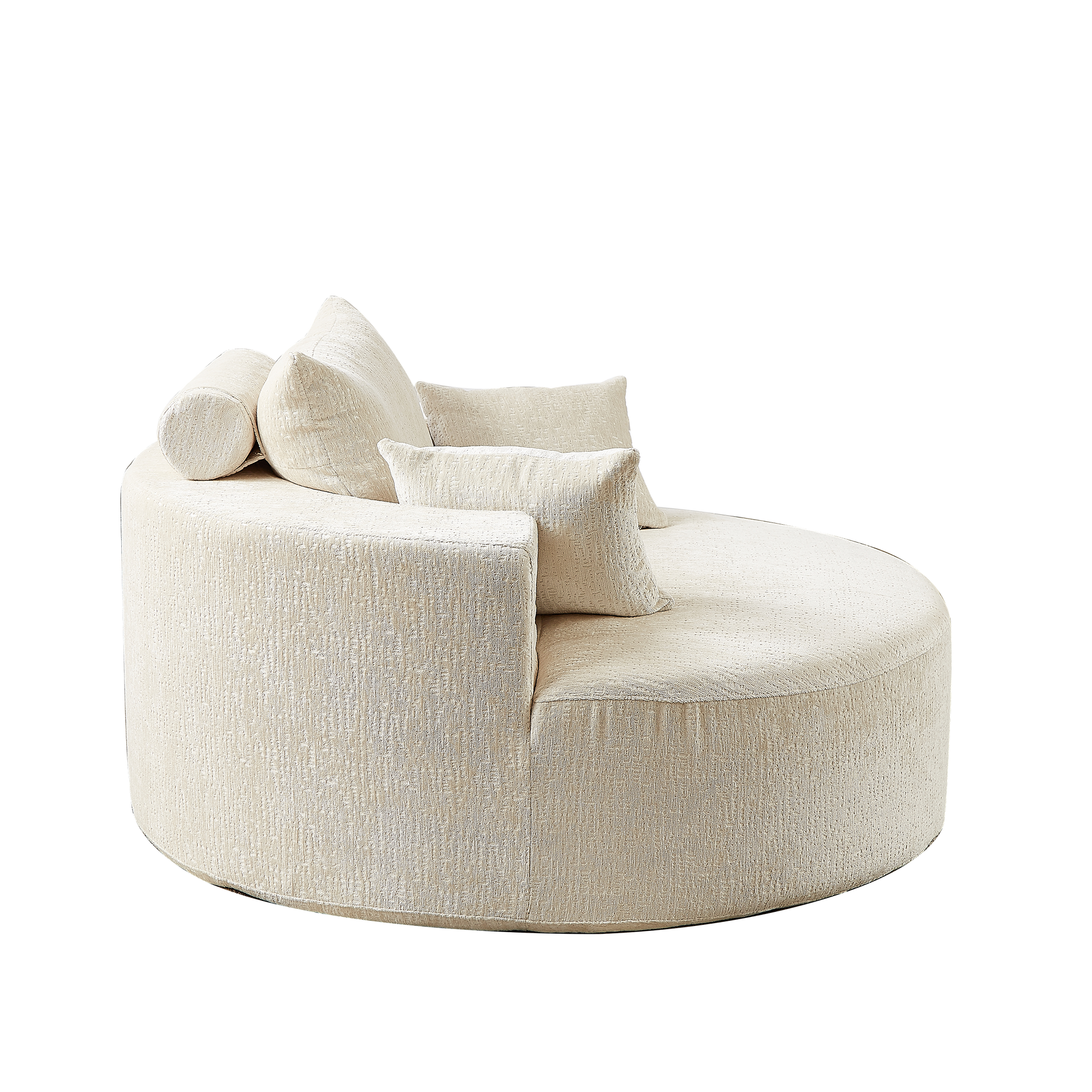 Plush cream boucle round accent chair with scattered throw pillows for ultimate comfort