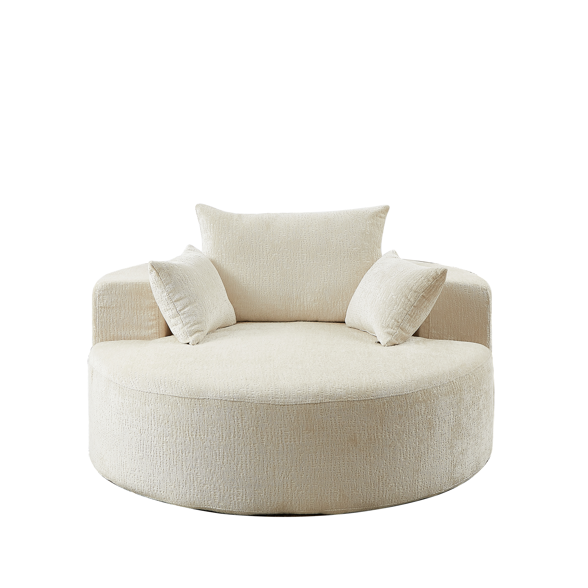 Cream textured fabric swivel chair with two accent pillows