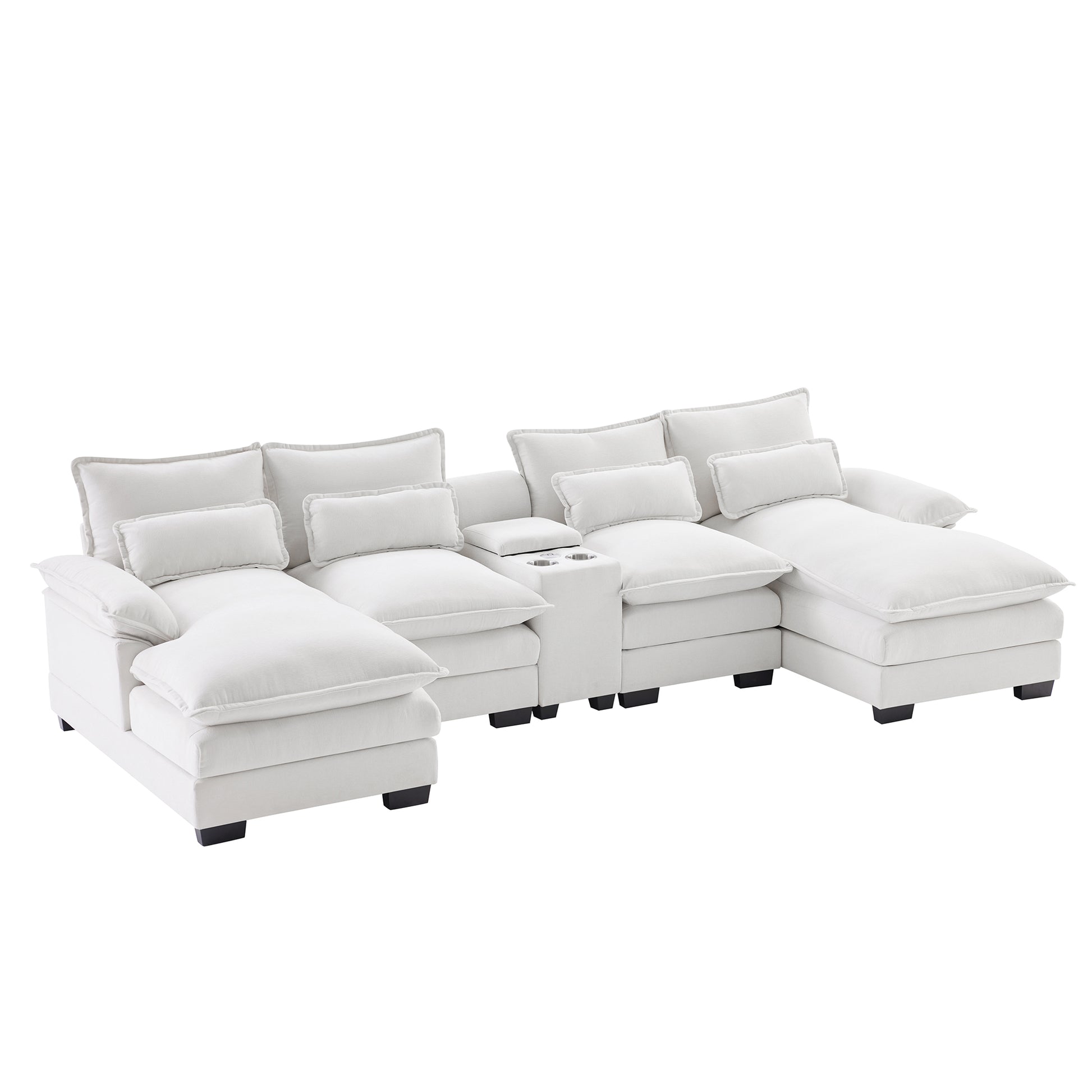 White linen sectional sofa with plush cushions and builtin cup holders for a home theater