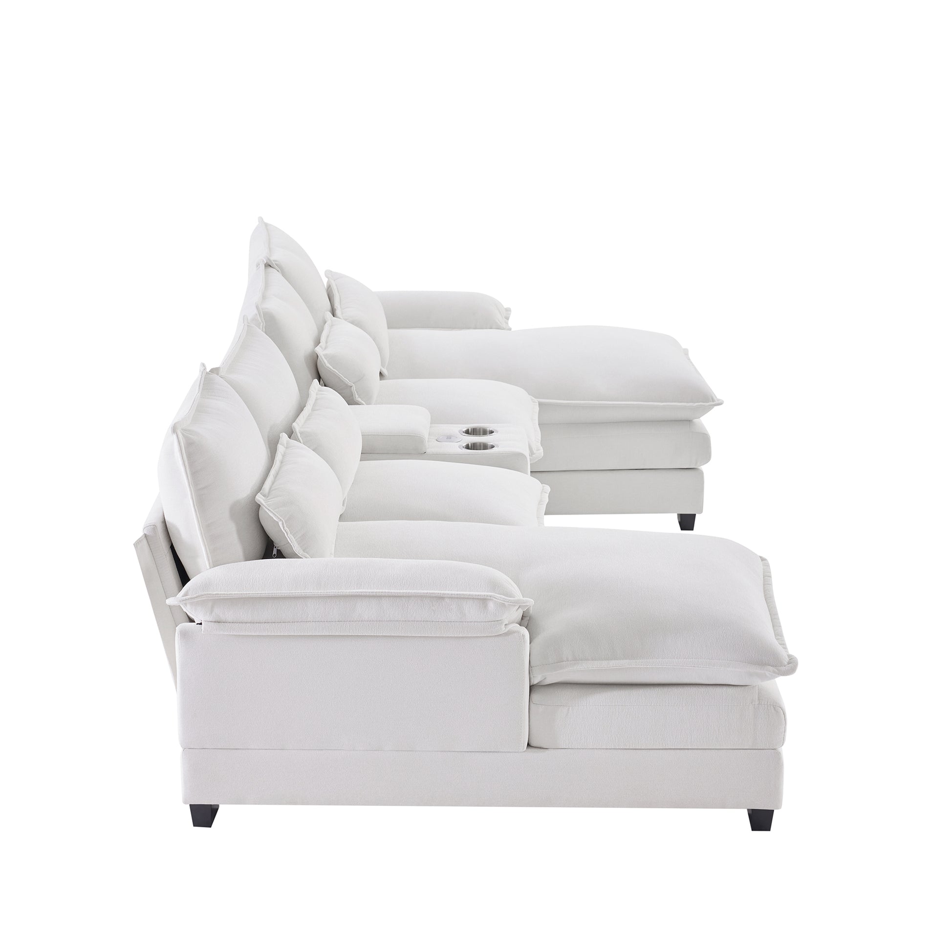 Plush white fabric sectional sofa with chaise lounges and builtin cup holders