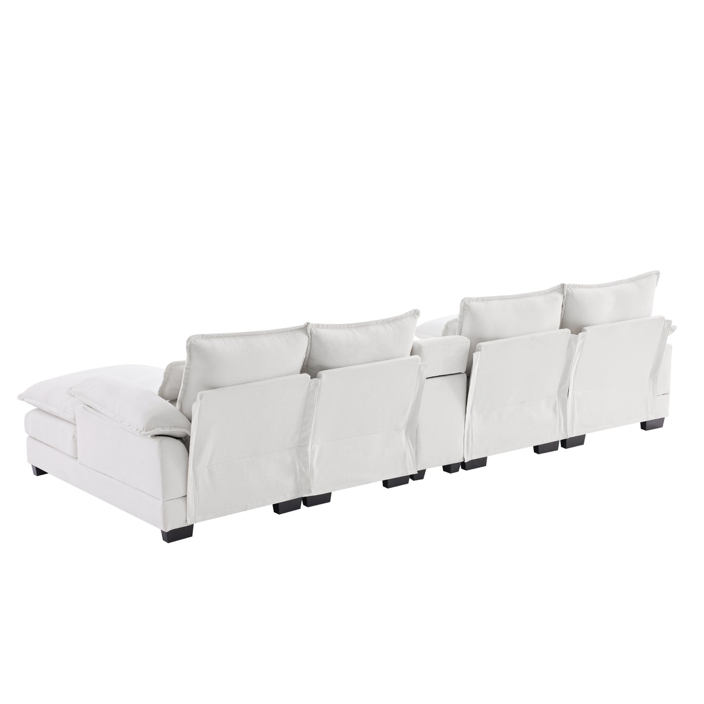 White modular sectional sofa with plush cushions and low profile perfect for modern living rooms