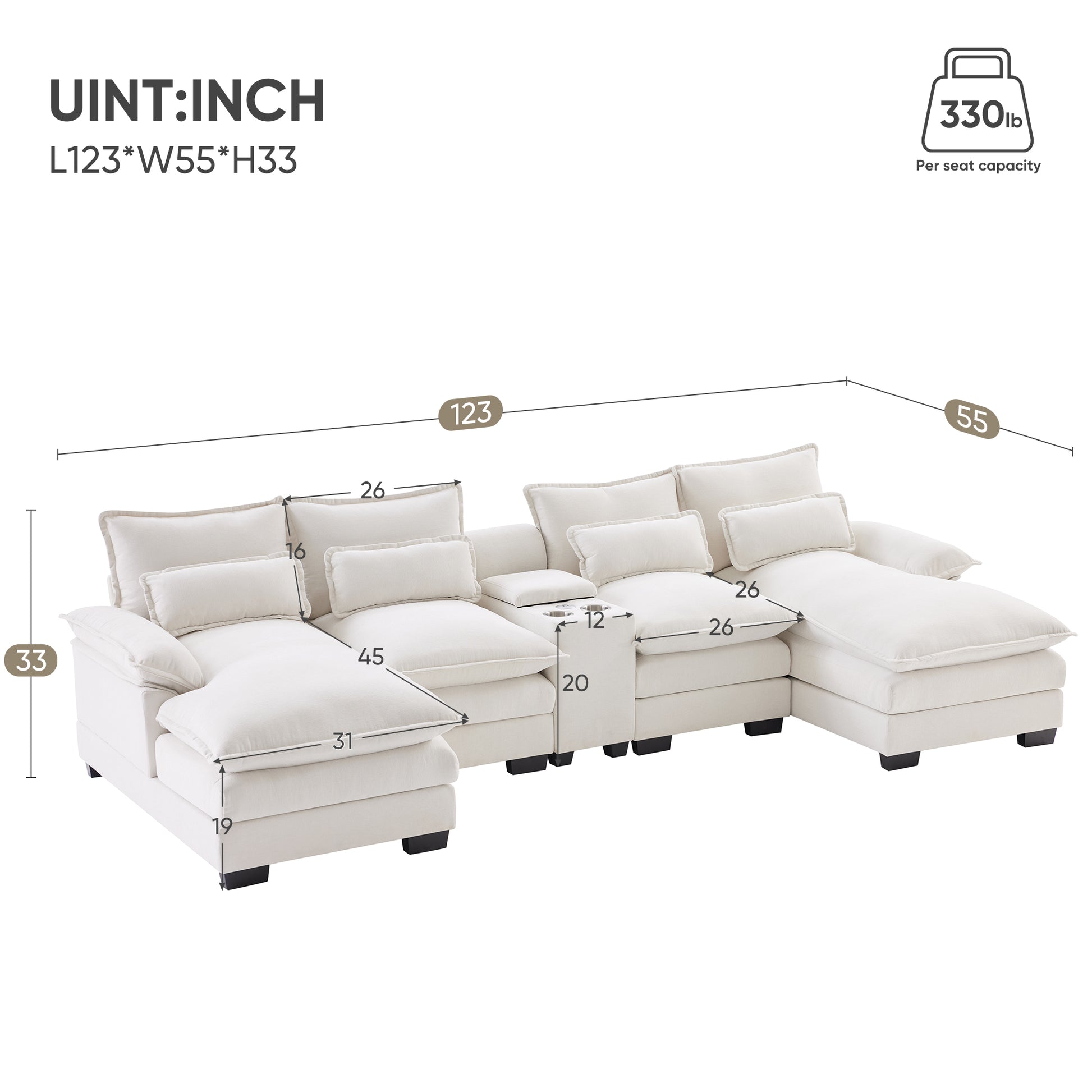 Sectional sofa in offwhite fabric with plush cushions and cup holders measuring  inches long
