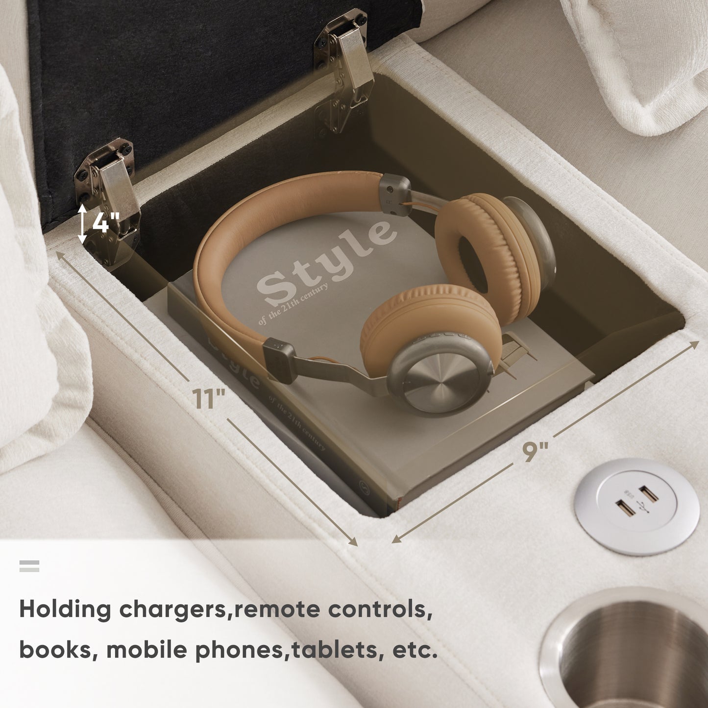 Open storage compartment in a cream couch with beige headphones and a book