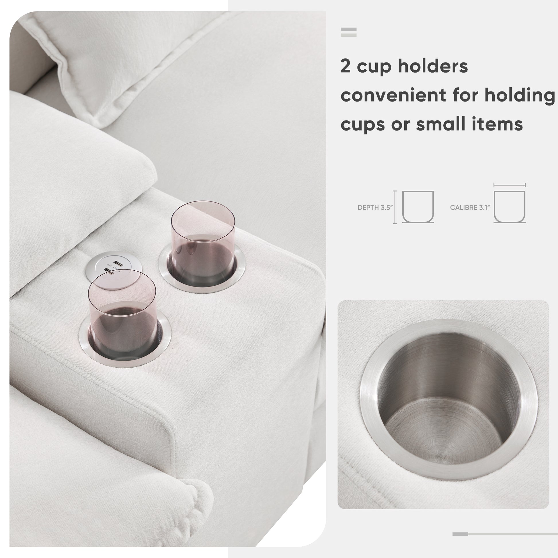 Closeup of two white recliner cup holders with stainless steel inserts one holding a glass