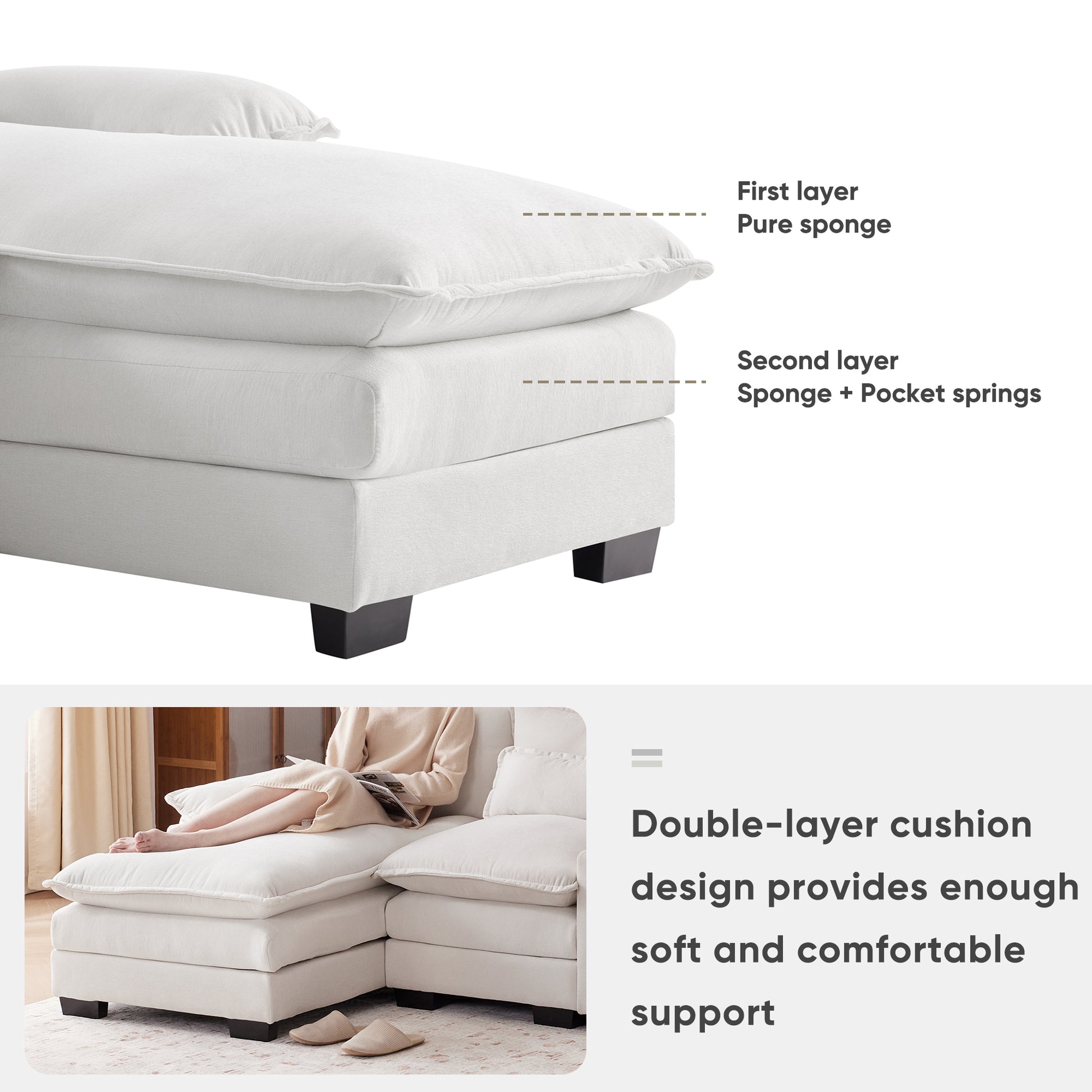 White sectional sofa with double layer cushion of pure sponge and pocket springs