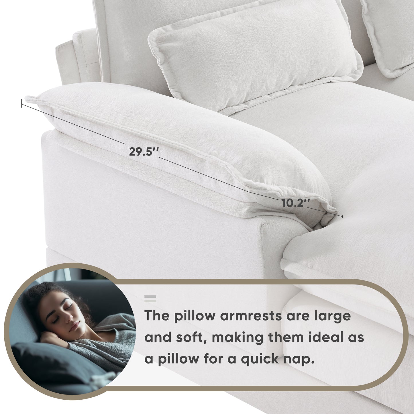 Plush white fabric sofa armrest  inches long ideal for comfort