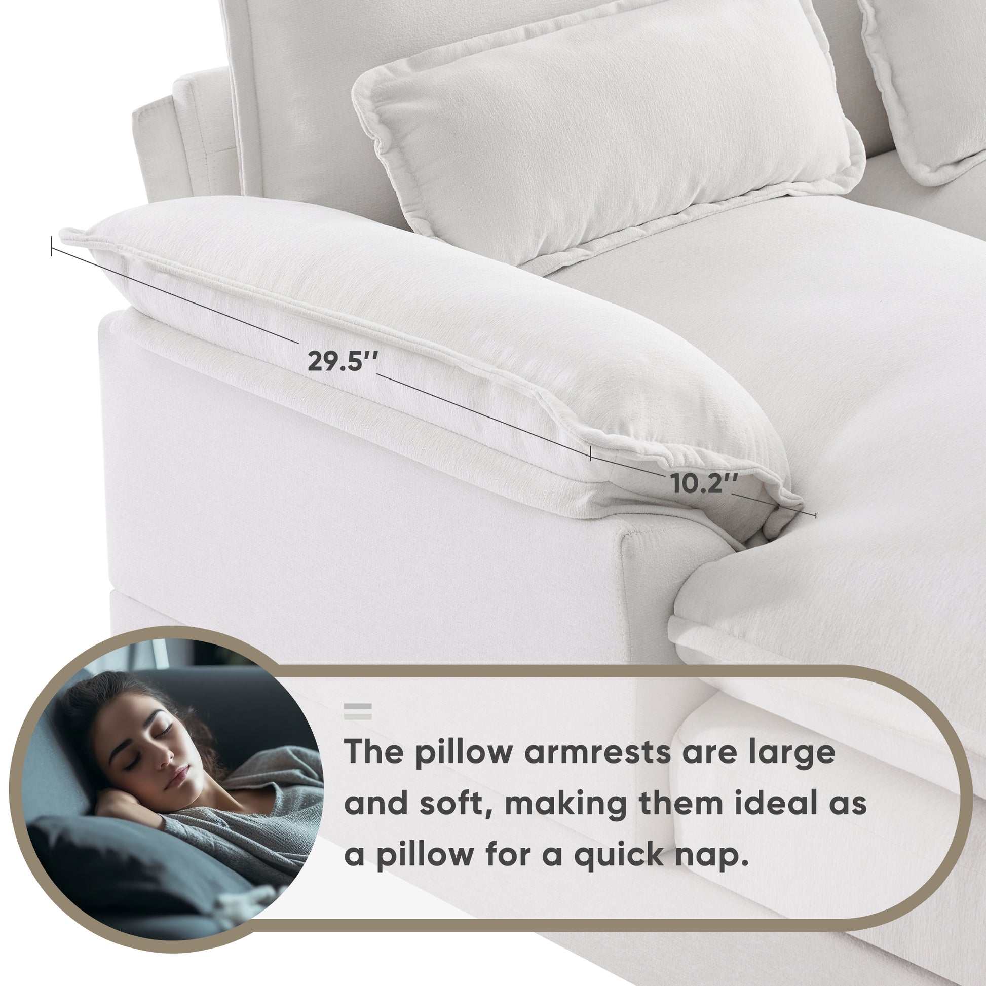Plush white fabric sofa armrest  inches long ideal for comfort