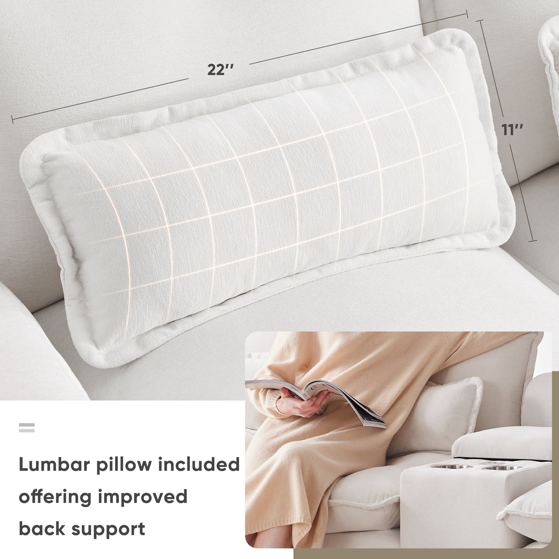 White inch lumbar pillow with subtle grid pattern for enhanced back support