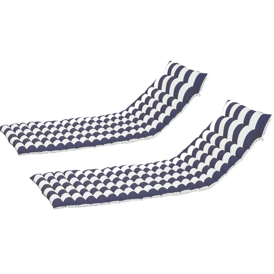 Two blue and white striped chaise lounge cushions for outdoor relaxation