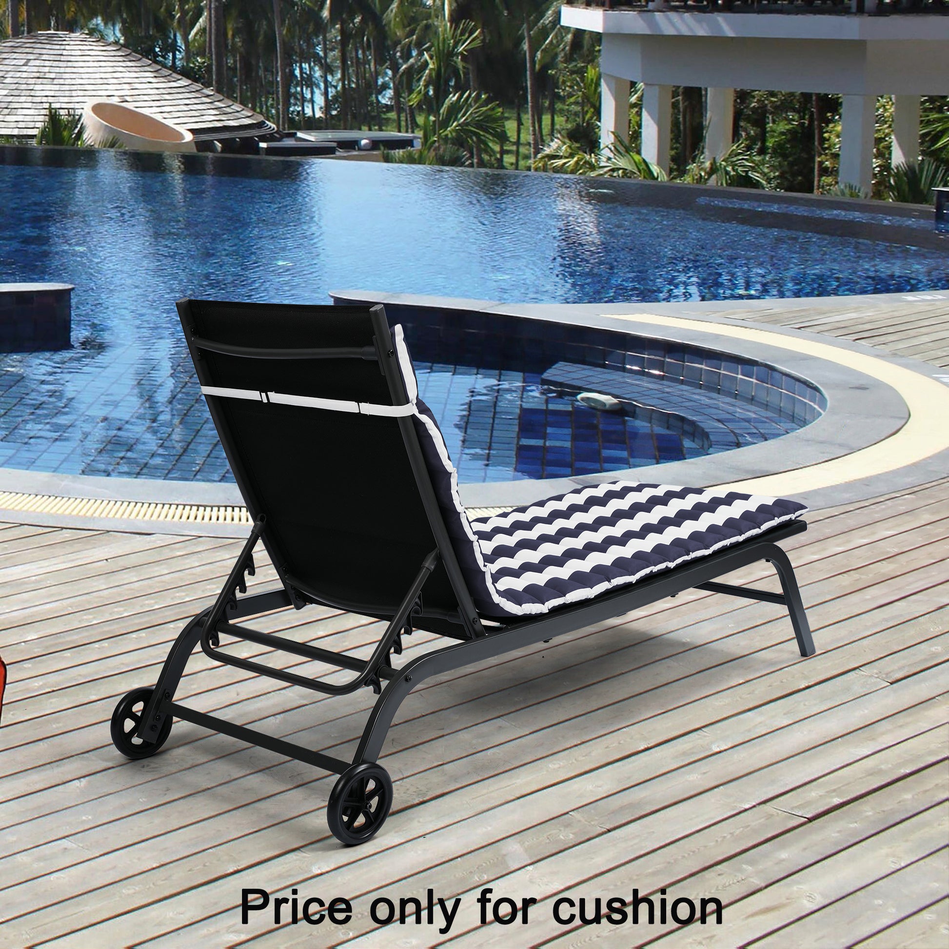 Black adjustable chaise lounge with striped blue and white cushion by the pool