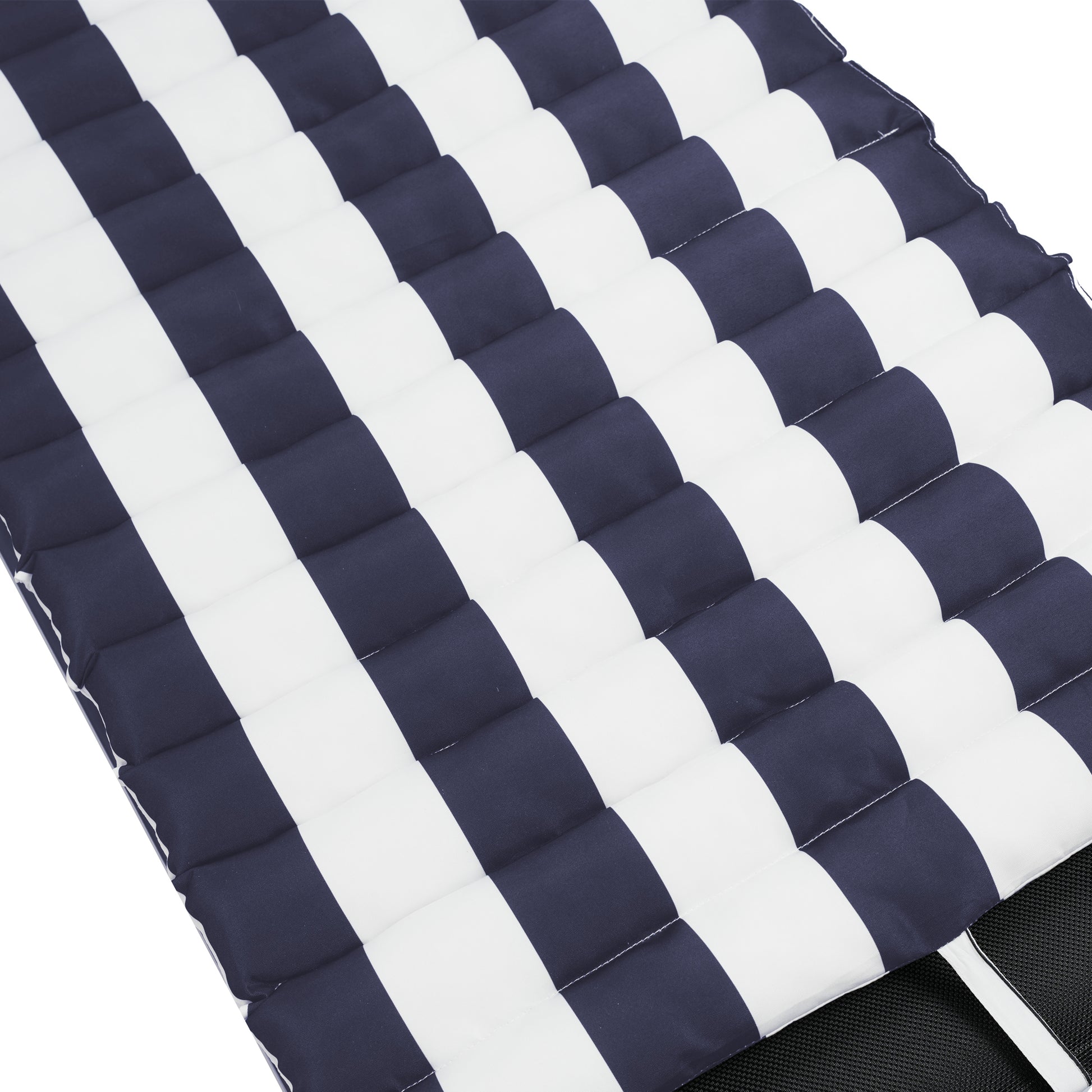 Navy and white striped cushioned seat pad with stitched detail