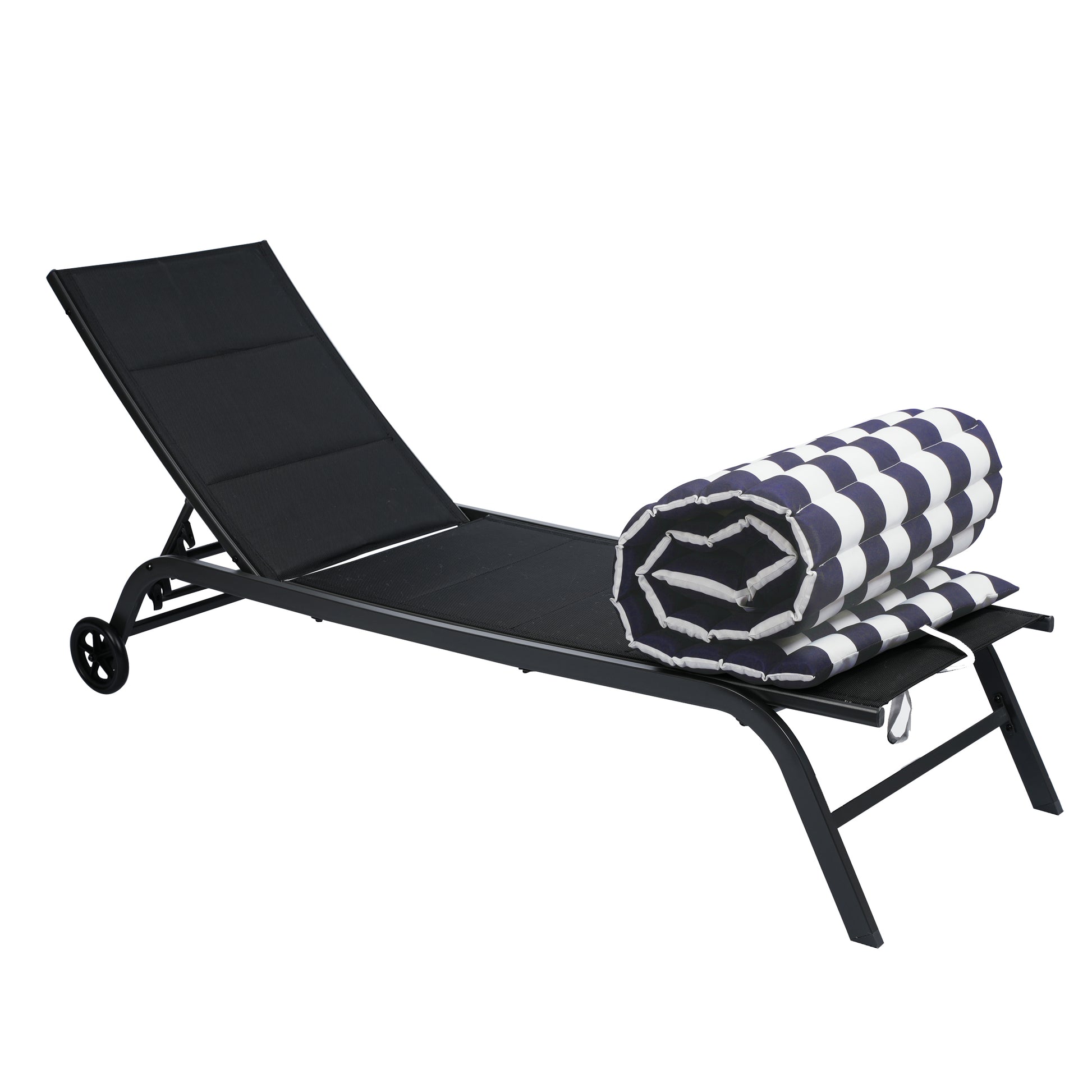 Black metal adjustable chaise lounge with blue and white striped cushion
