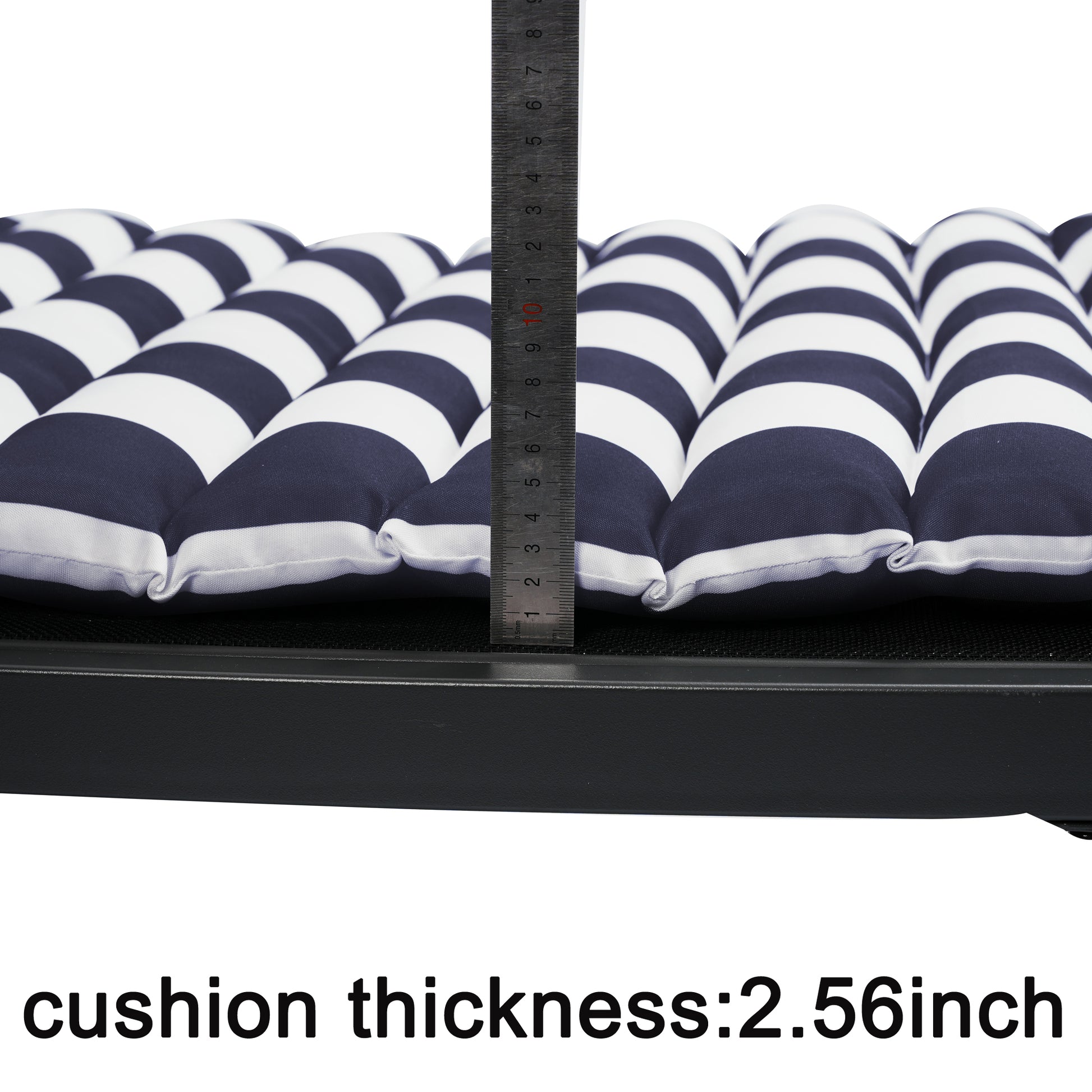 Thick navy and white striped outdoor cushion with ruler for scale