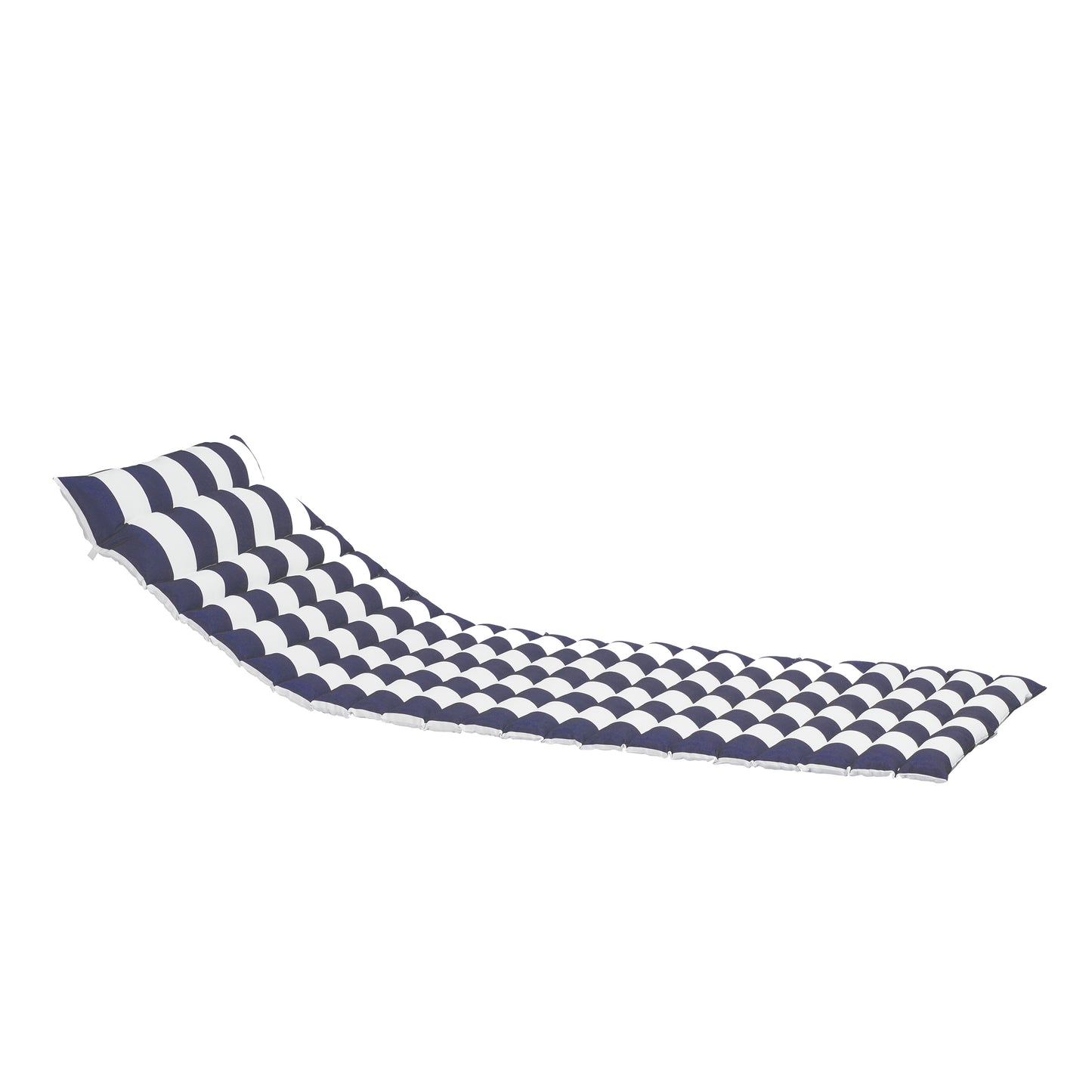 Navy and white striped inflatable lounge chair with builtin pillow