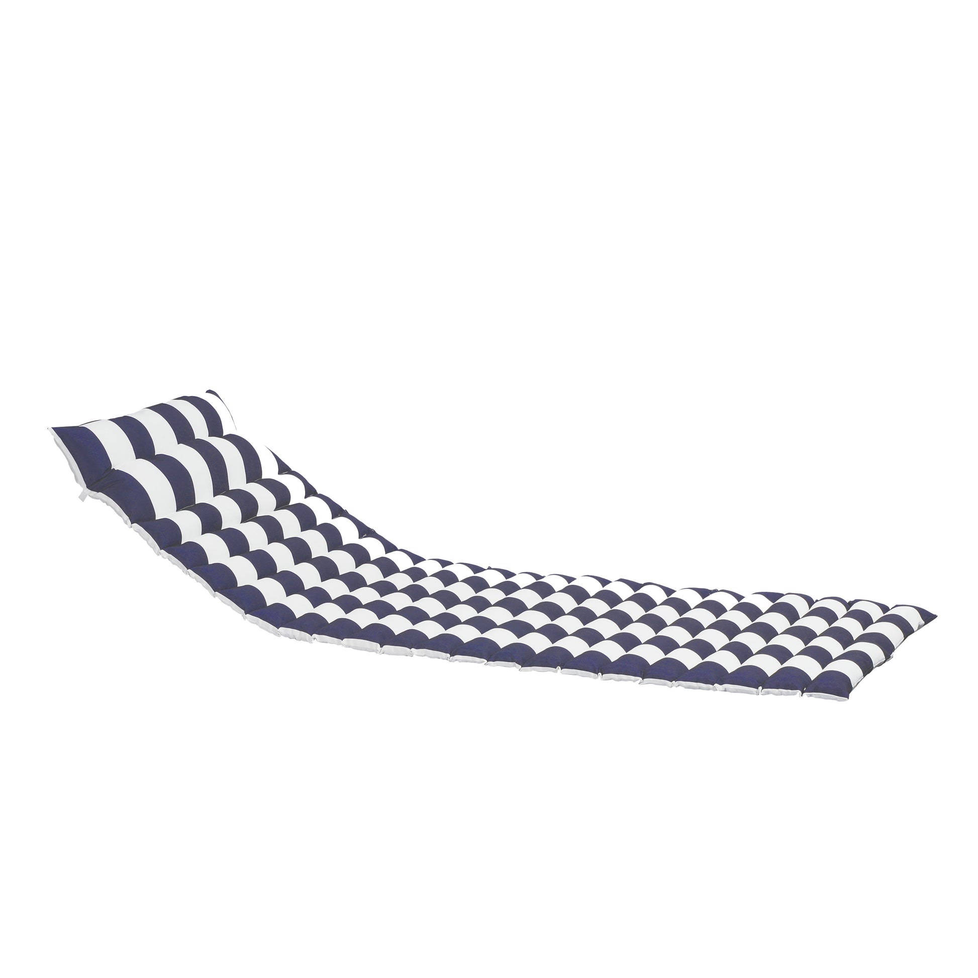 Navy and white striped inflatable lounge chair with builtin pillow