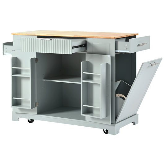 Grey kitchen island with butcher block top and open storage compartments