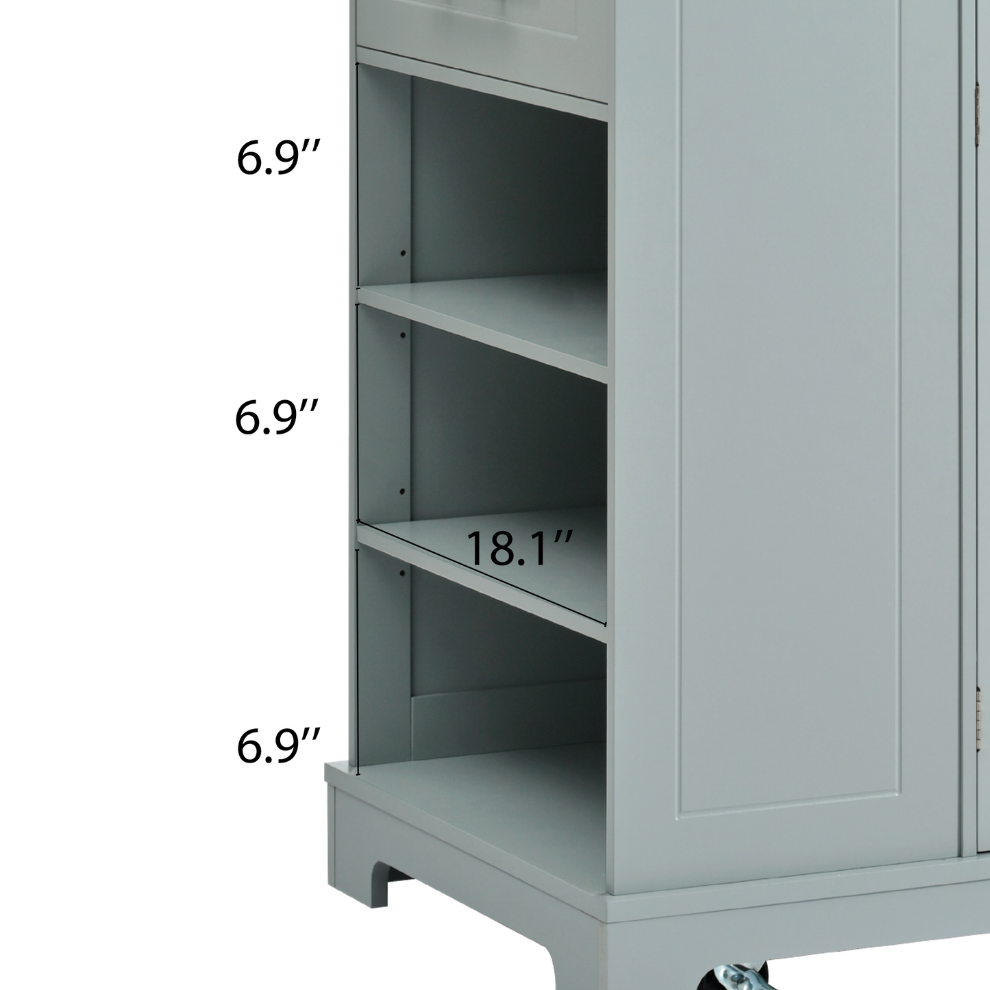 Light gray storage cabinet with three shelves each measuring  inches high