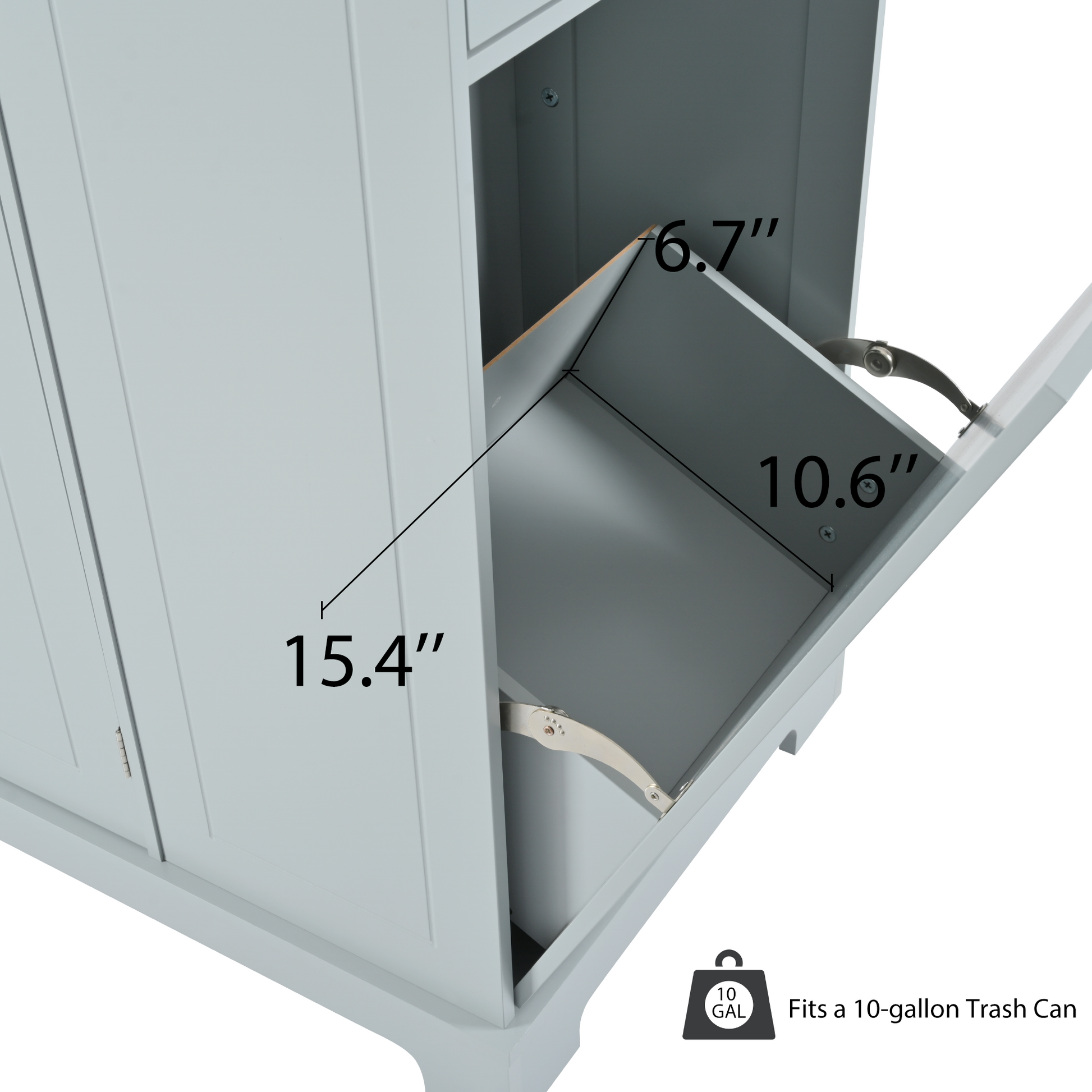 Light blue kitchen cabinet interior with hinged trash can compartment measuring  inches deep