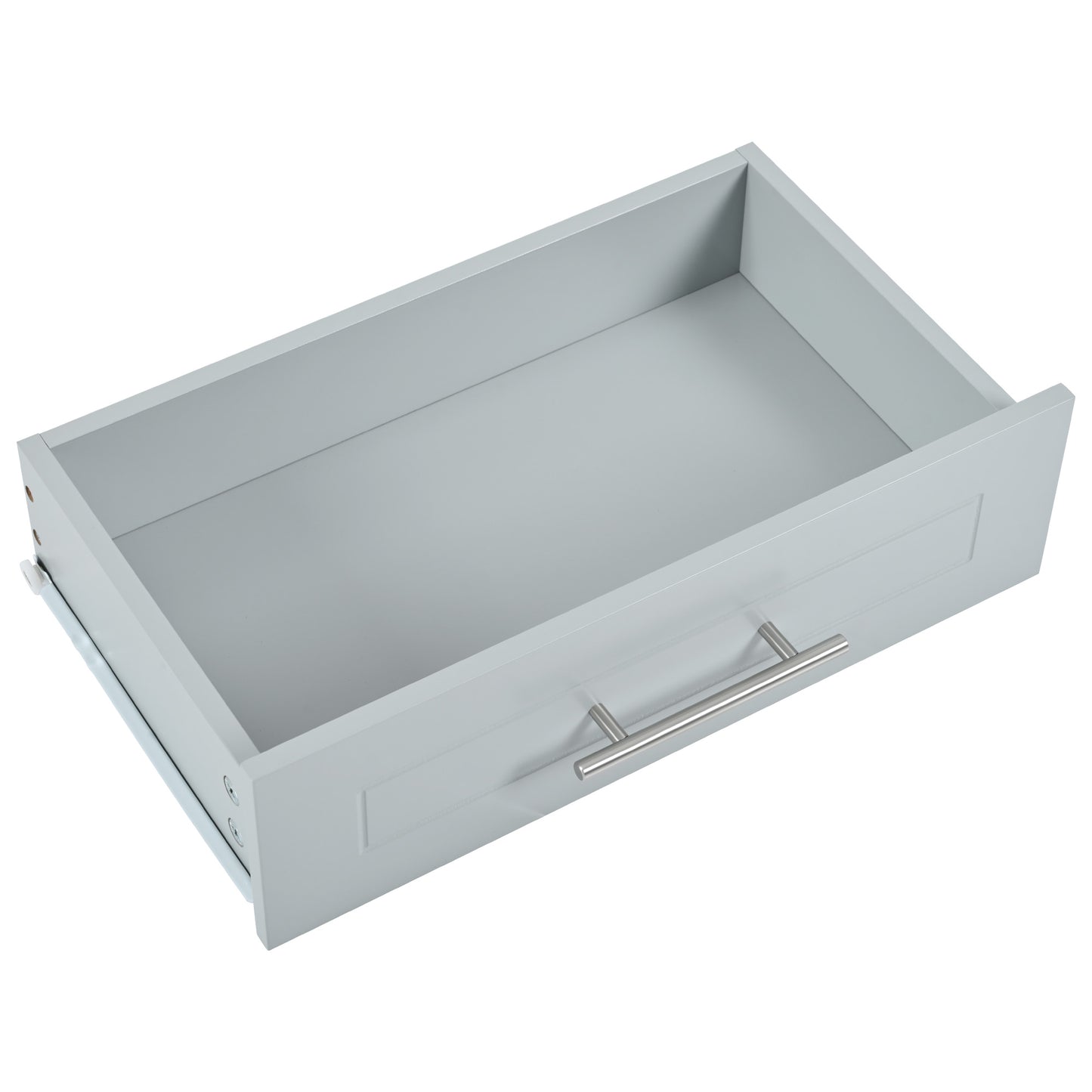 Light grey cabinet drawer with modern silver handle and smooth drawer slides
