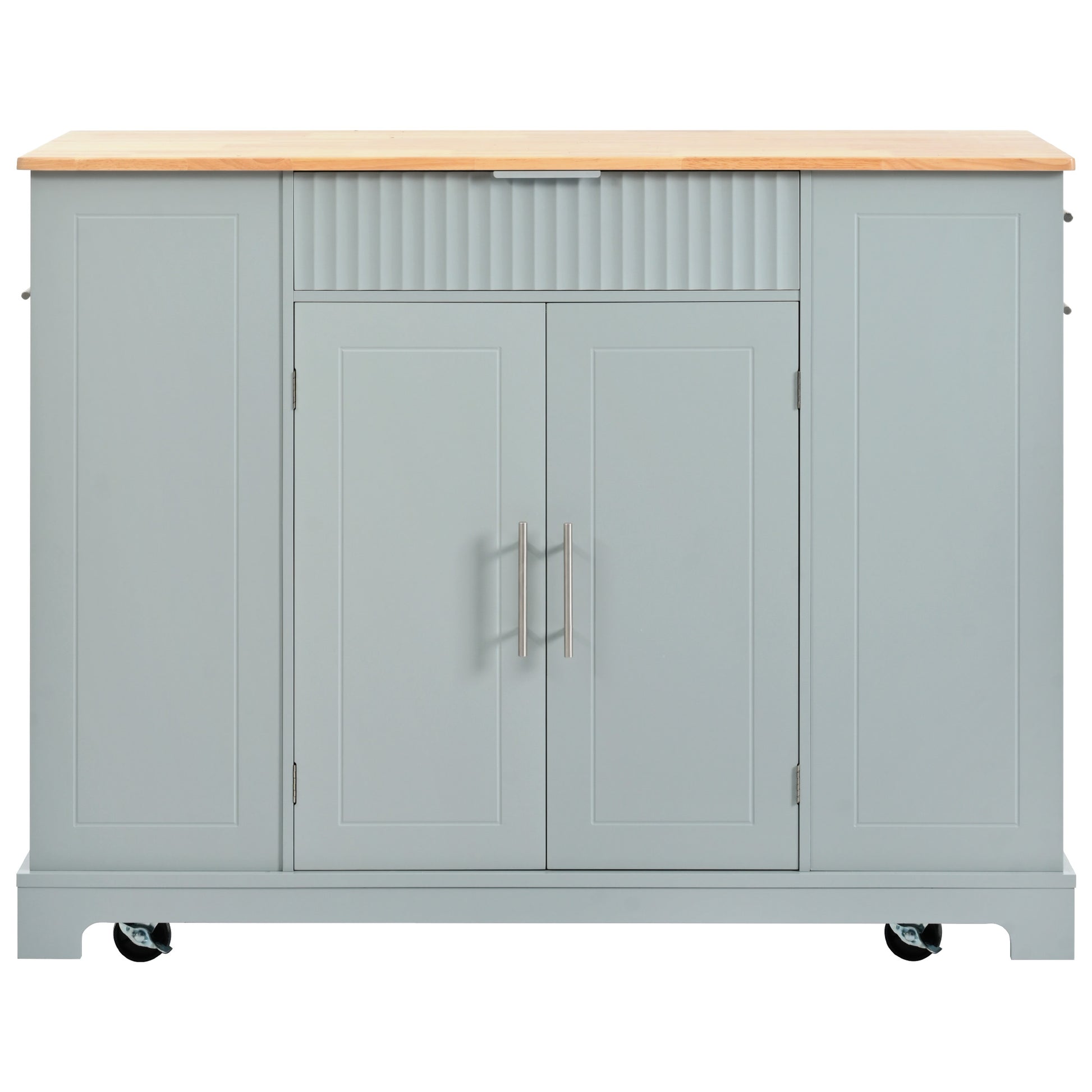 Grey kitchen island cart with wooden top and silver handles