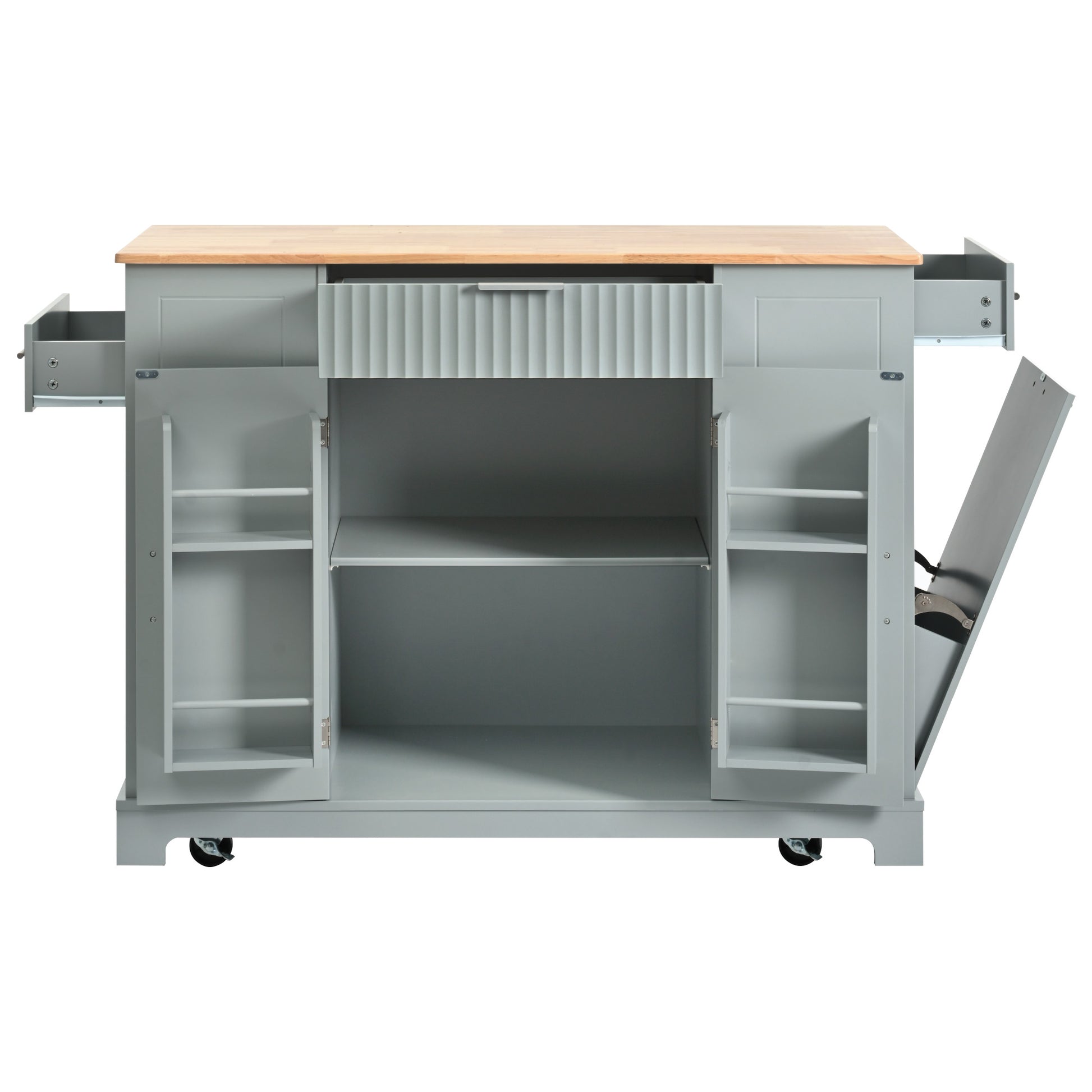 Gray kitchen island cart with wooden countertop open drawers and cabinet doors revealing shelves