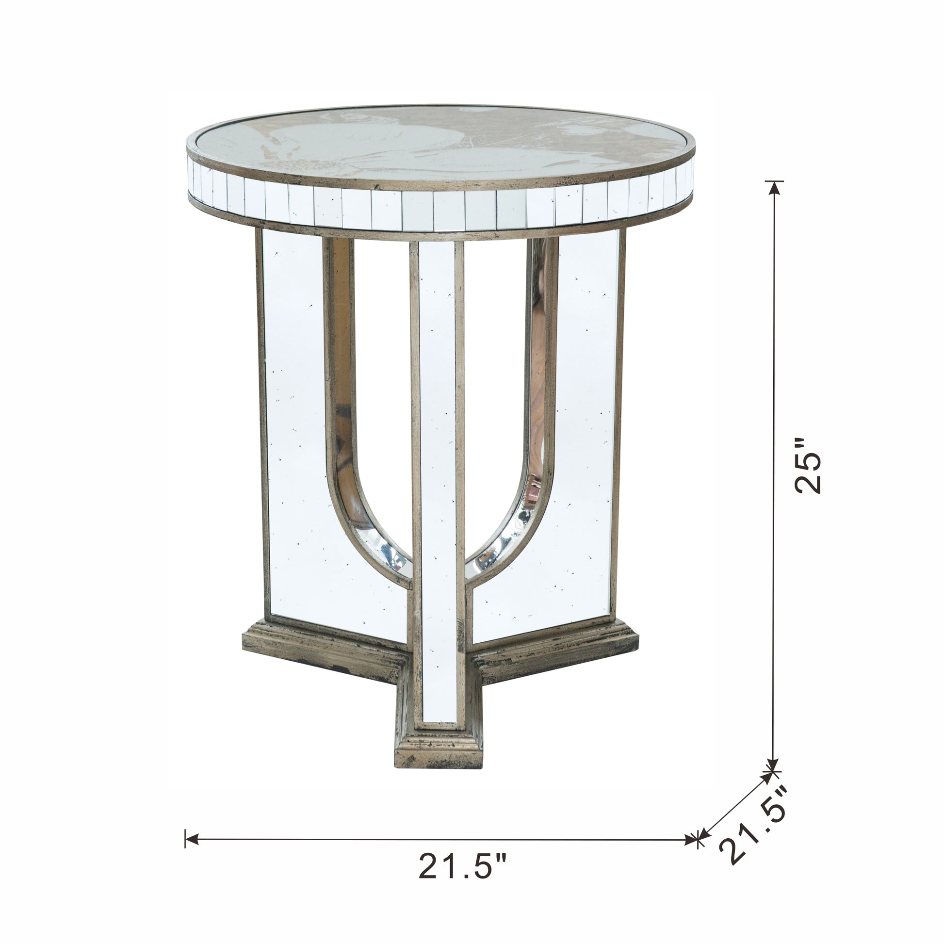 Antique mirrored accent table with metallic gold distressed finish and Ushaped pedestal