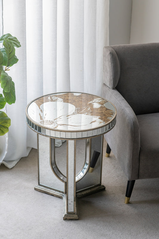 Ornate mirrored side table with floral glass top perfect accent furniture