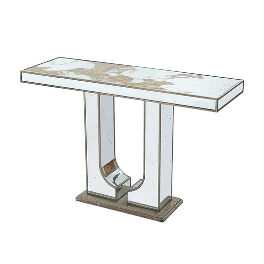 Mirrored console table with gold marbled top and art deco legs perfect for entryways
