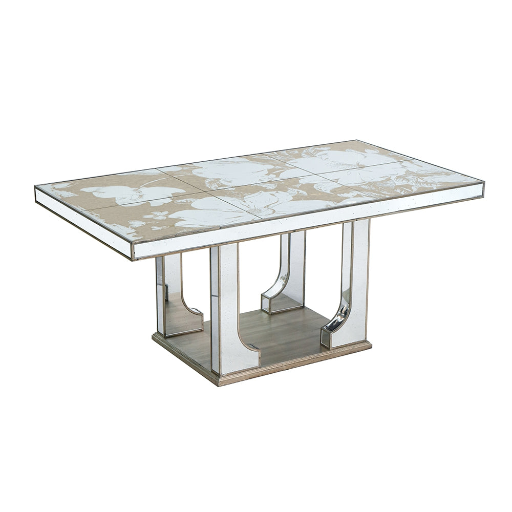 Mirrored dining table with etched floral pattern top and art deco legs