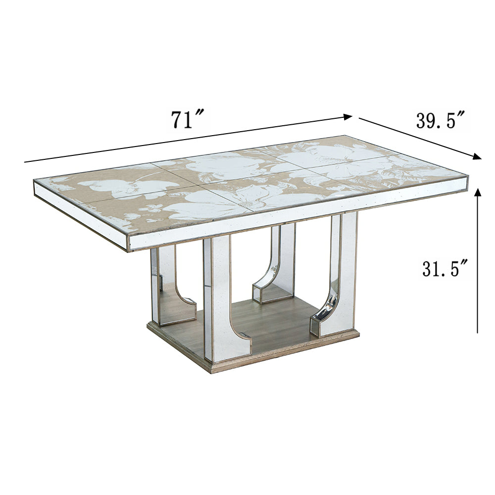 Glam mirrored dining table with floral etched glass top  inches long