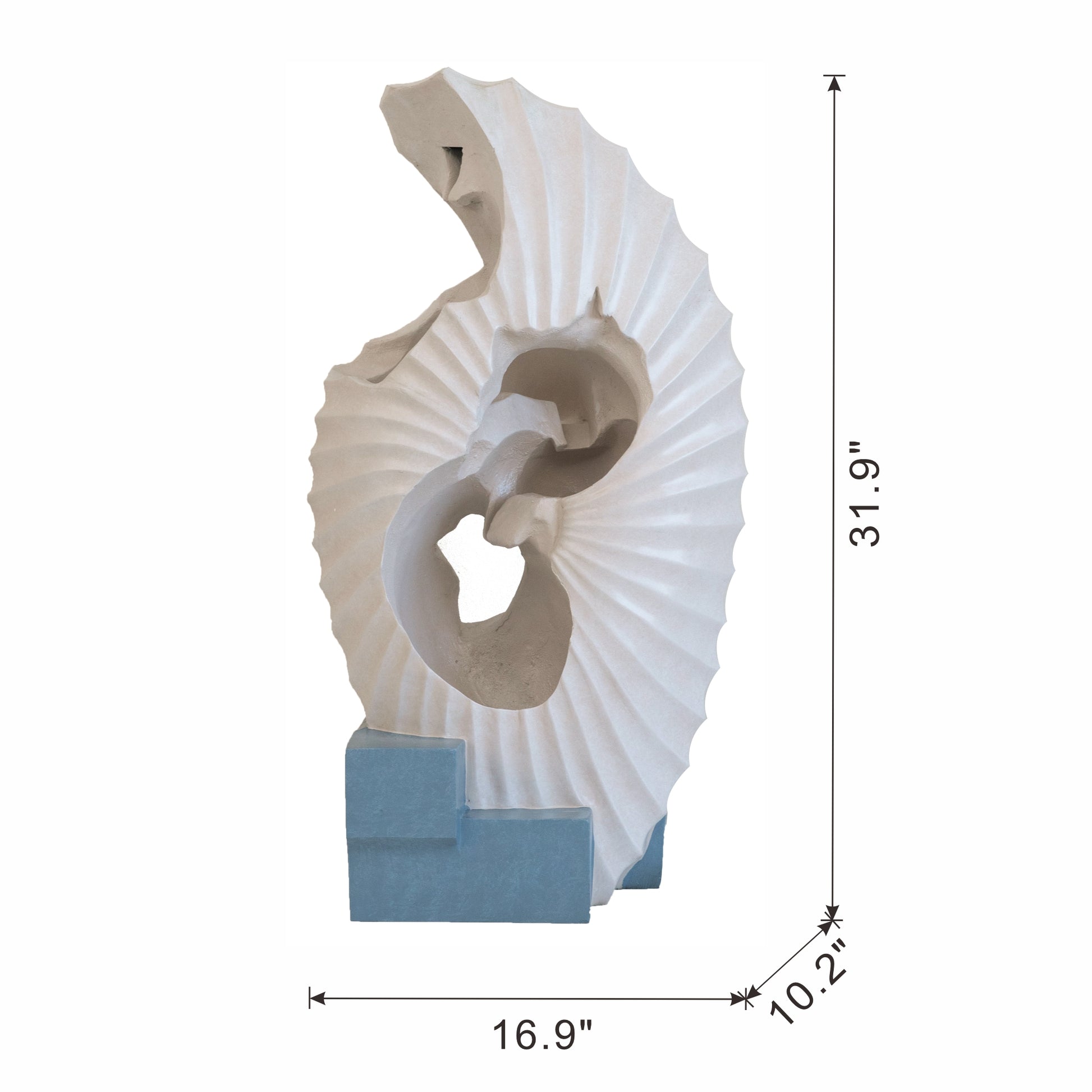 Abstract white sculpture with textured spiral design and blue base