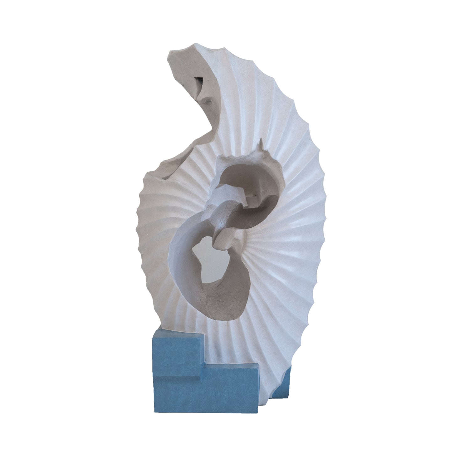 Abstract white sculpture with ribbed texture and blue base