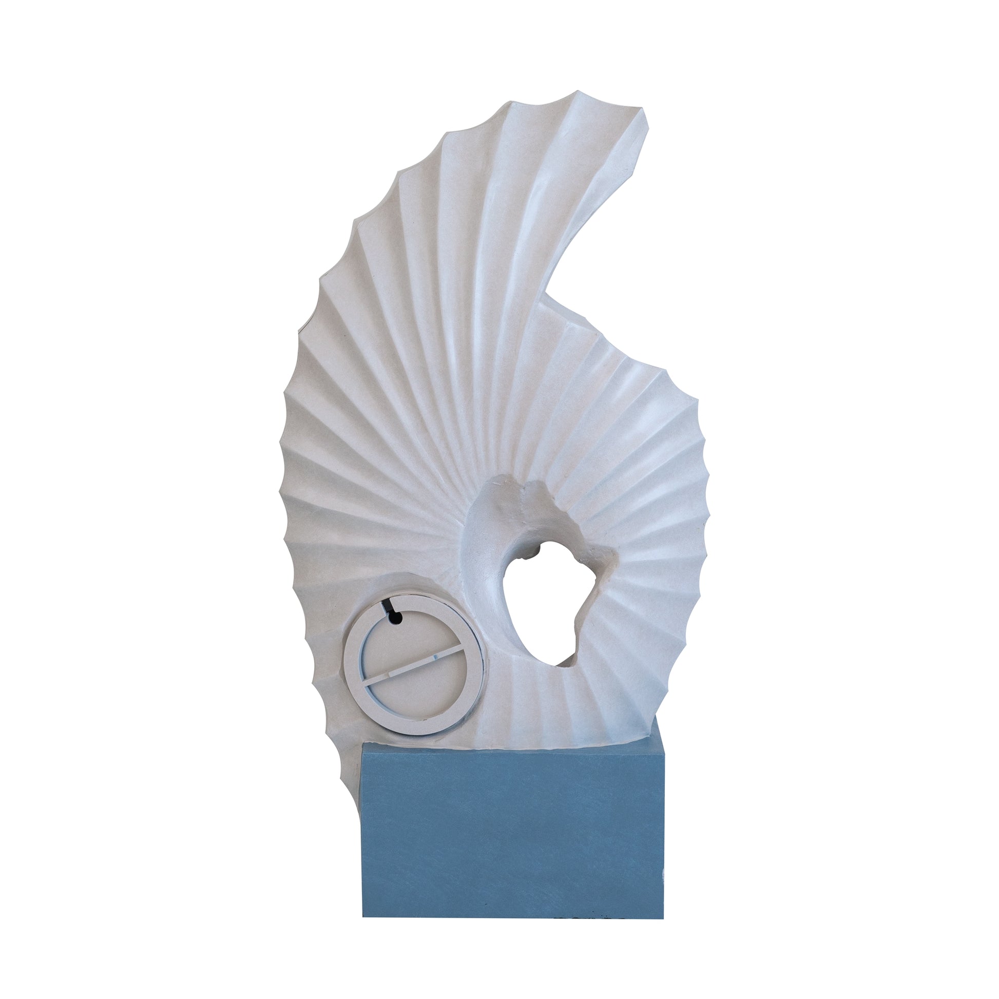 Modern abstract sculpture in white featuring a spiral design with a circular emblem on a blue base perfect for contemporary decor