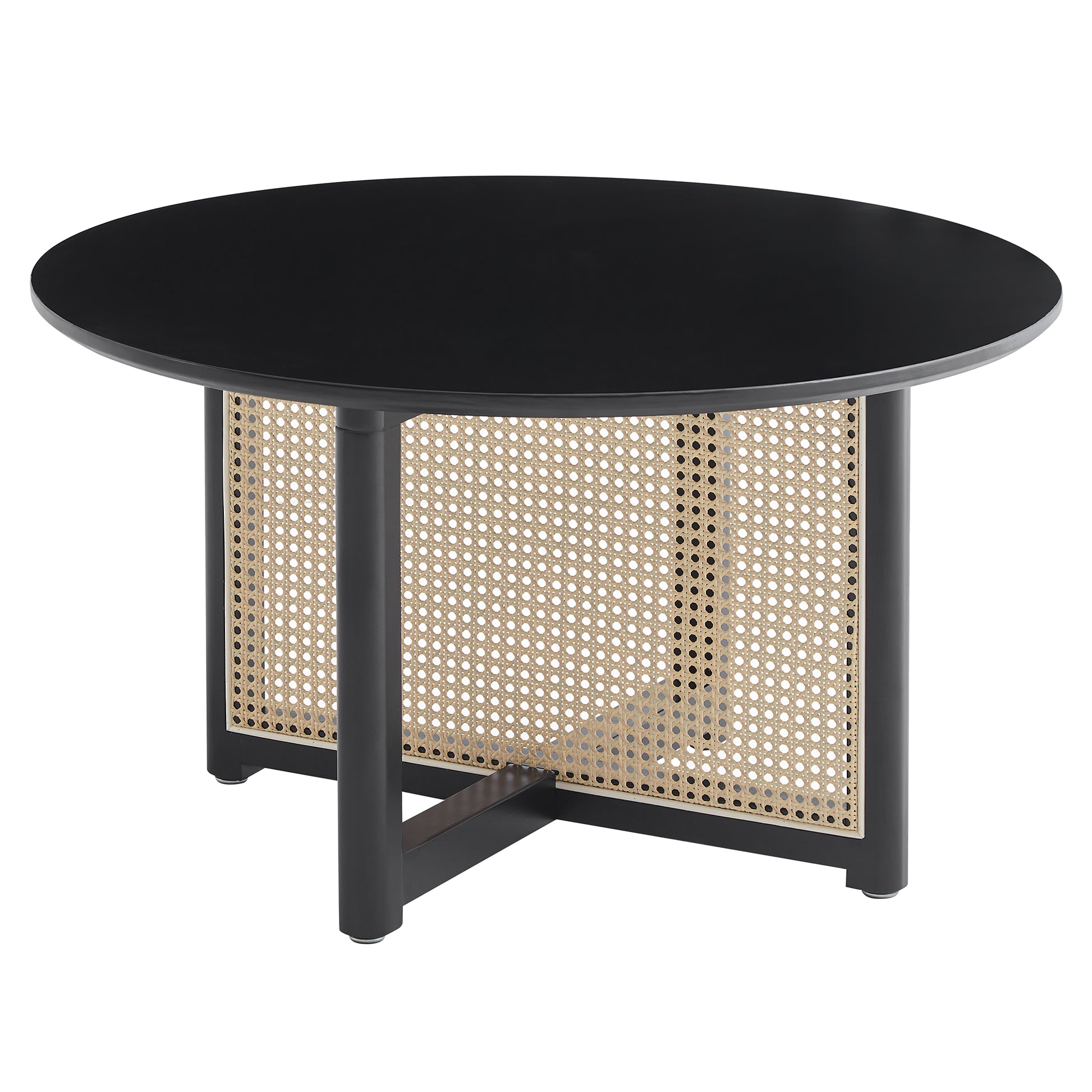Round black dining table with natural cane inlay on base