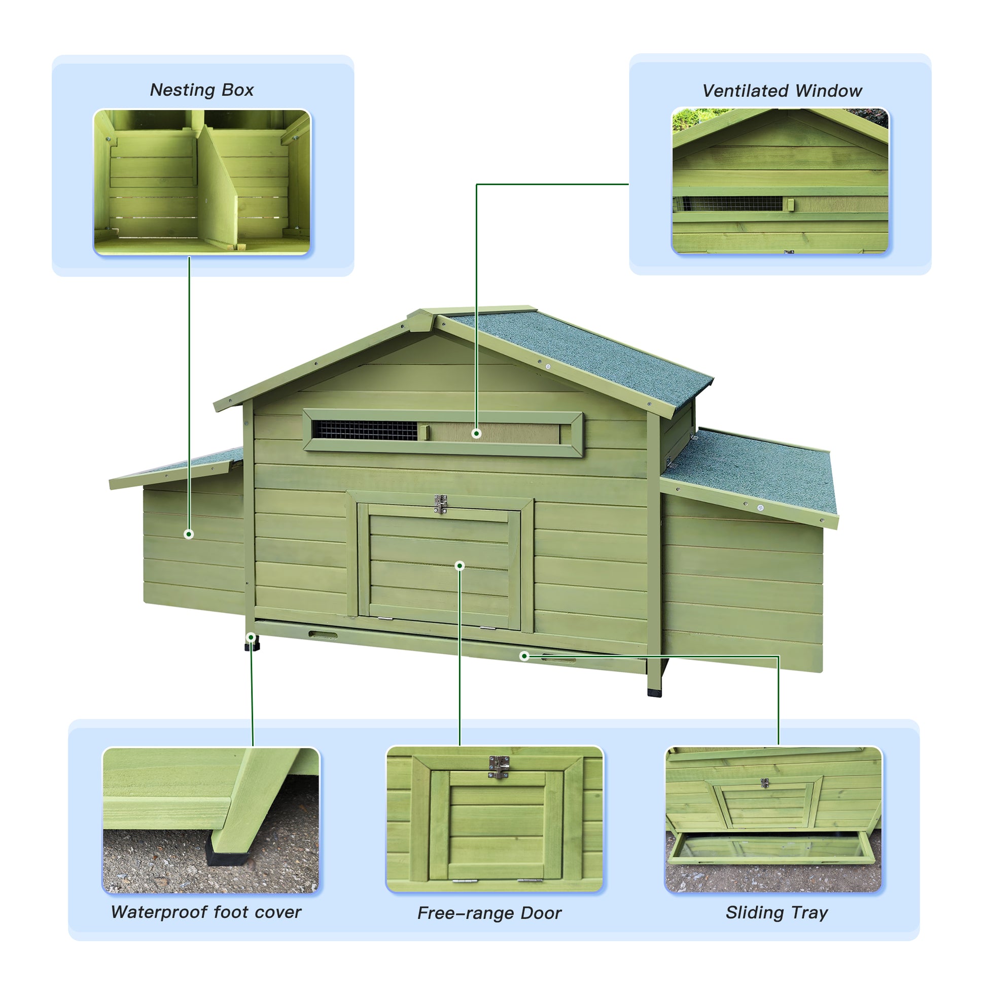 Green wooden chicken coop with nesting box dividers and ventilated window
