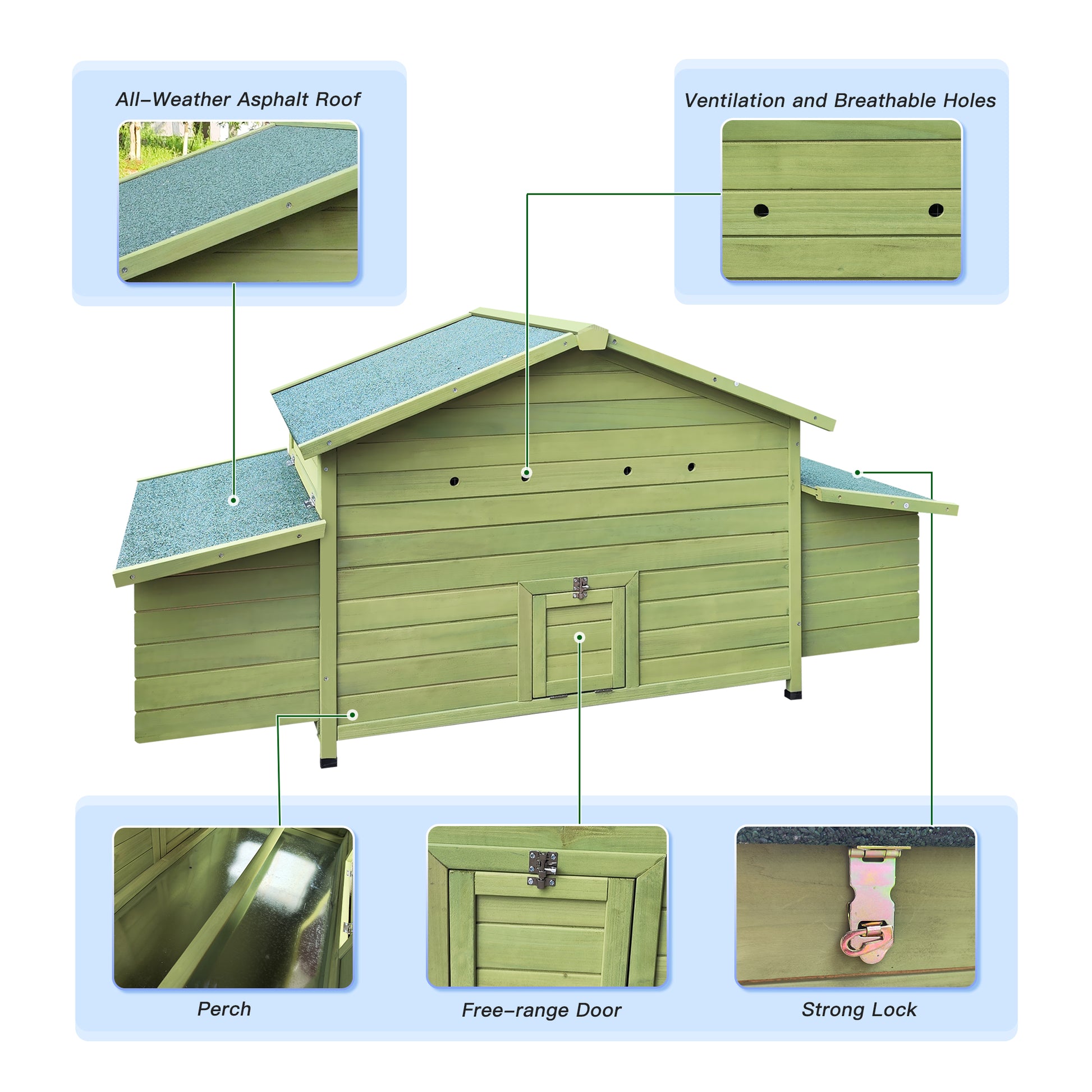 Light green wooden chicken coop with asphalt roof and ventilation holes for backyard use