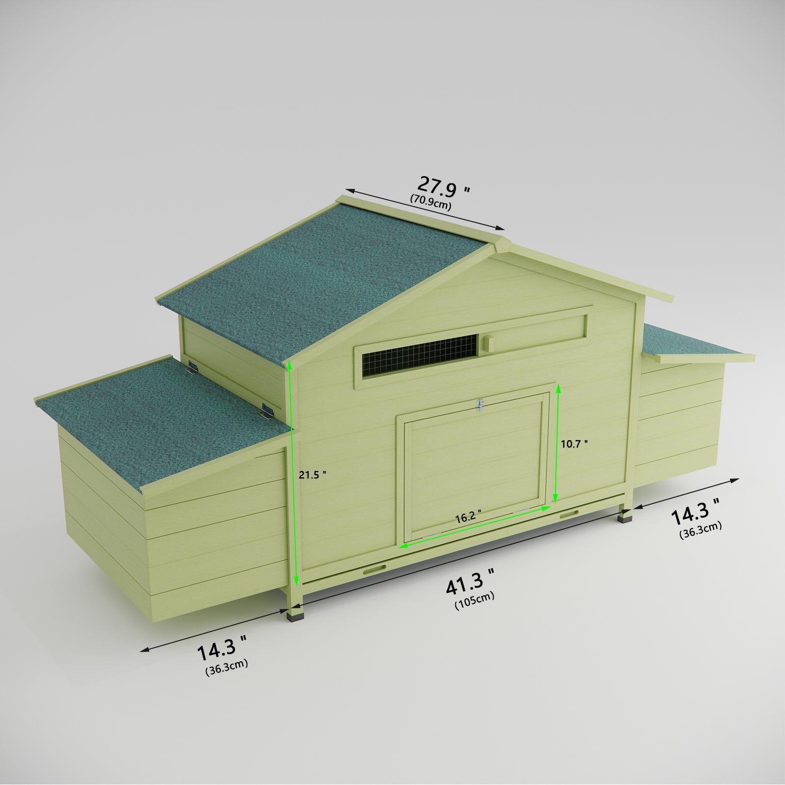 Light green wooden coop with green roof and side nesting boxes