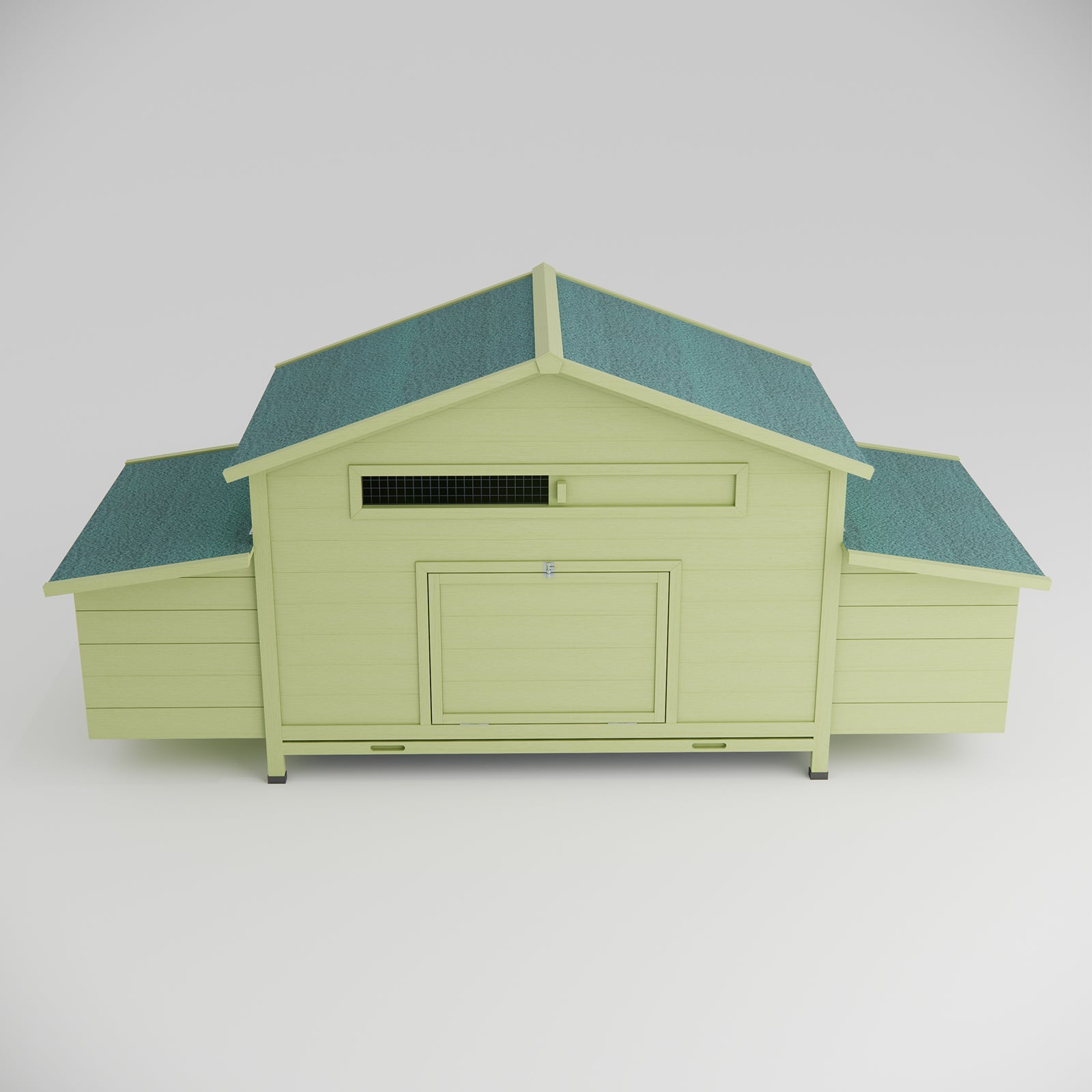 Light green wooden chicken coop with teal roof and ventilation