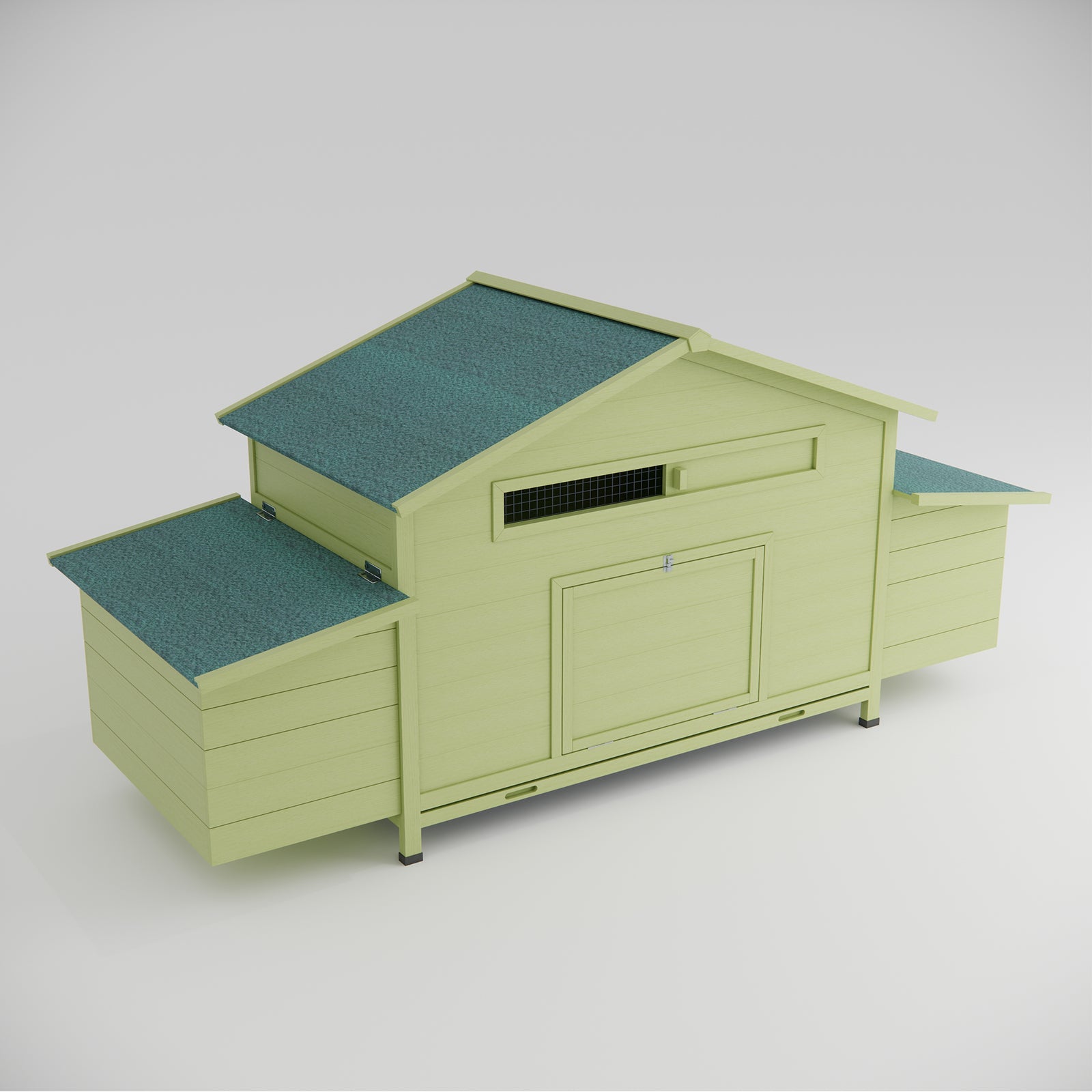 Pale green wooden chicken coop with teal roof and ventilation window for backyard chickens