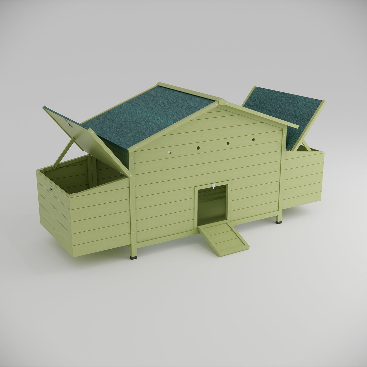 Light green wooden chicken coop with peaked roof and ramp