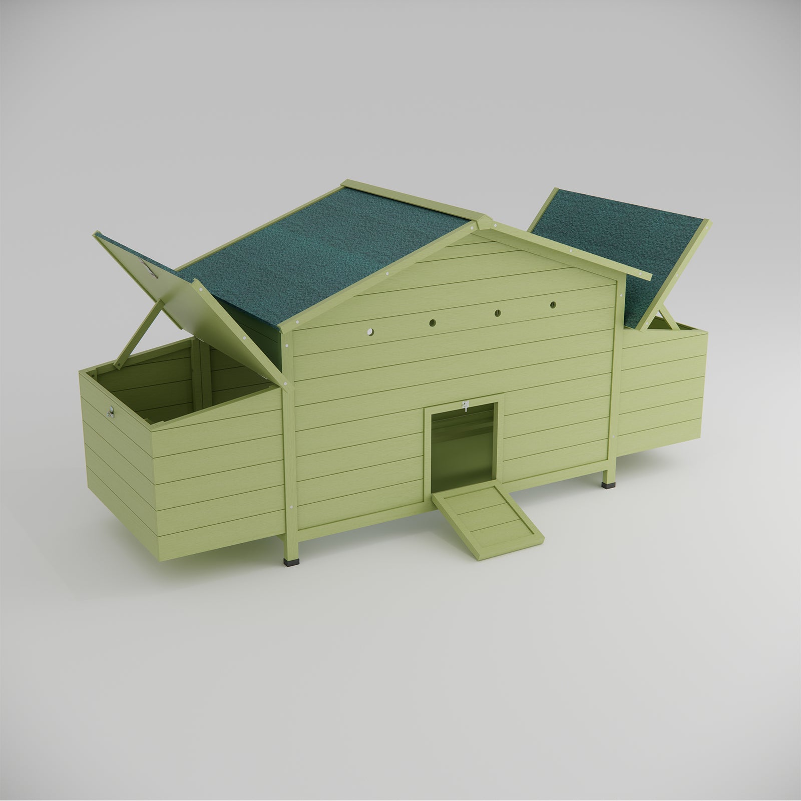 Light green wooden chicken coop with peaked roof and ramp