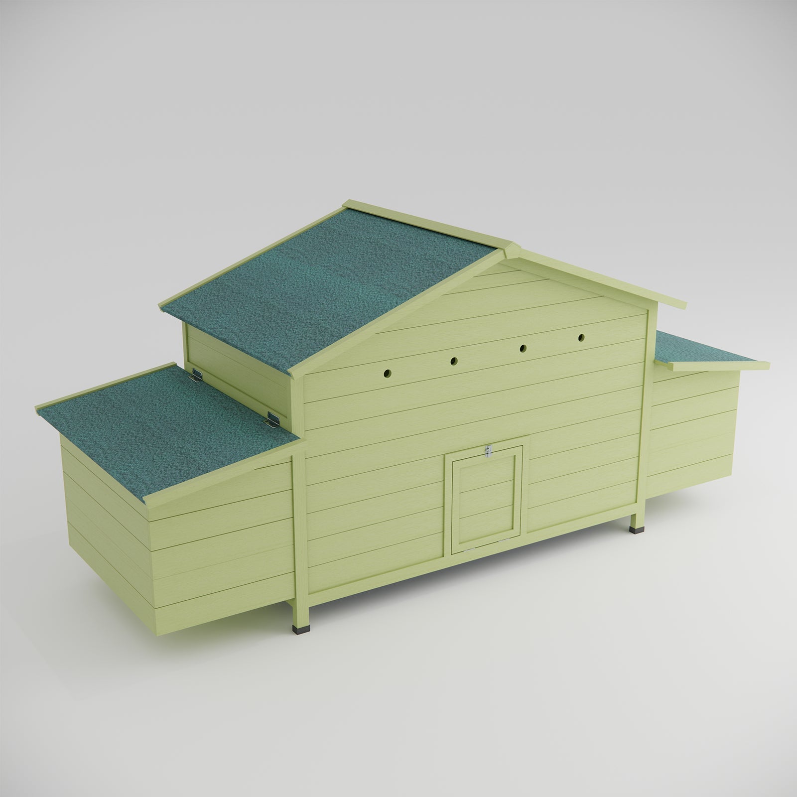 Light green wooden chicken coop with multiple roosting boxes and a run