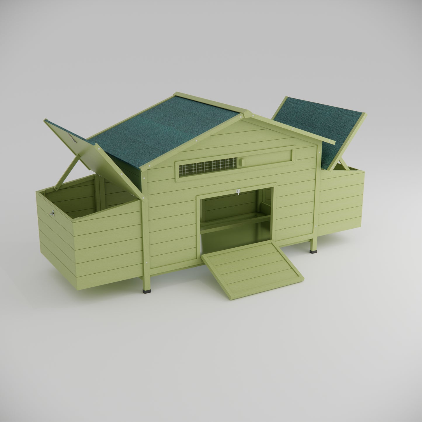 Light green wooden chicken coop with two nesting boxes and hinged roof panels