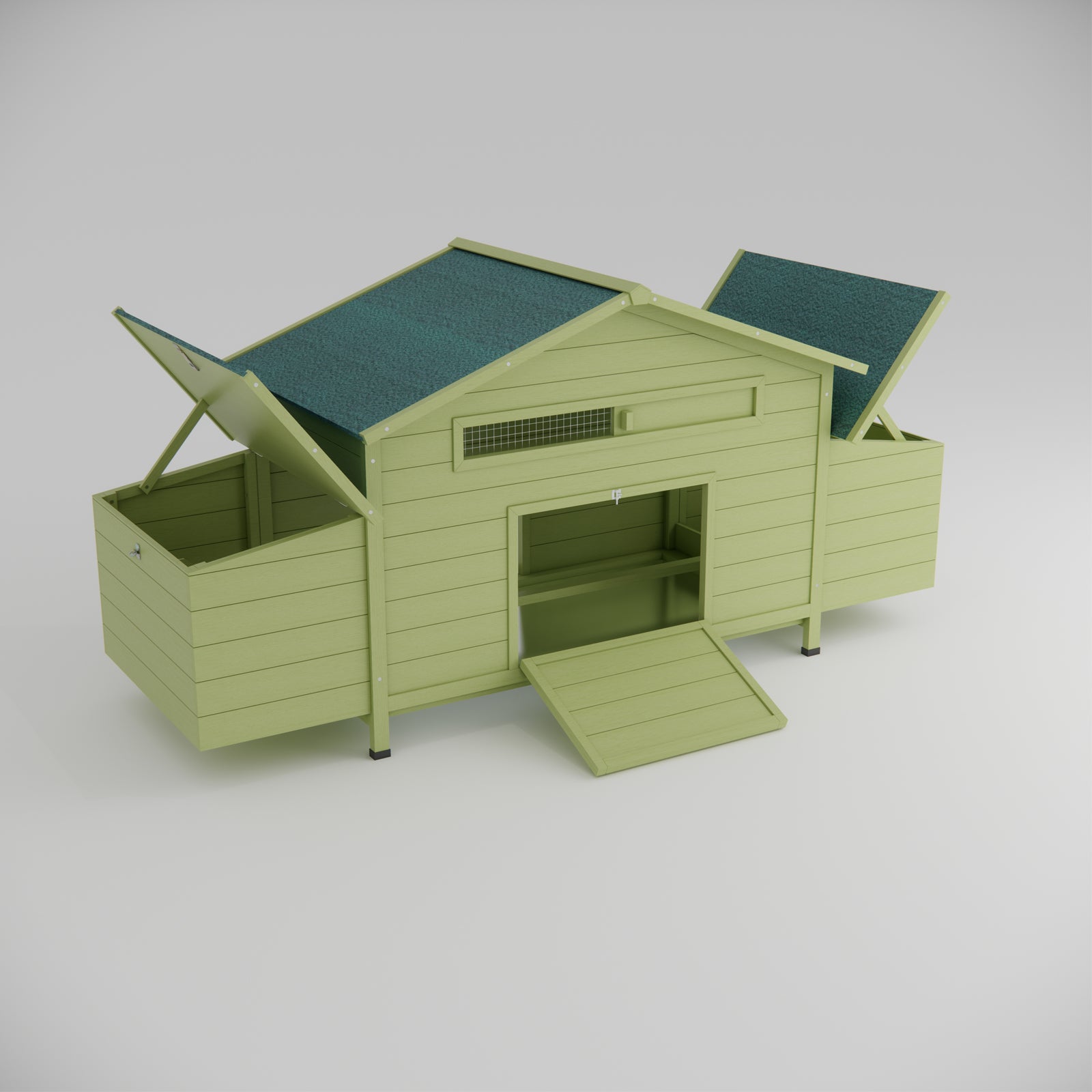 Light green wooden chicken coop with two nesting boxes and hinged roof panels