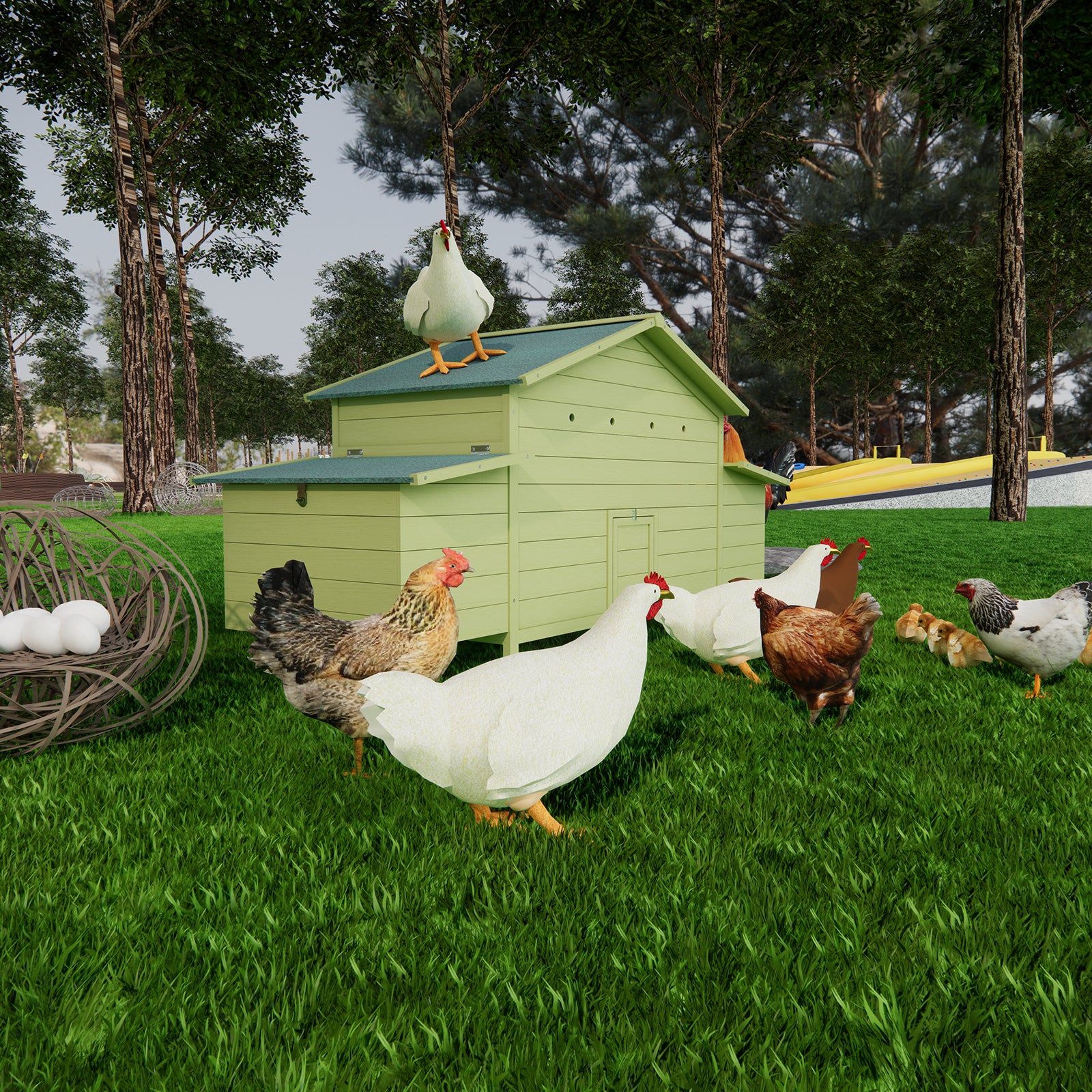 Light green wooden chicken coop with a family of hens and chicks in a grassy yard