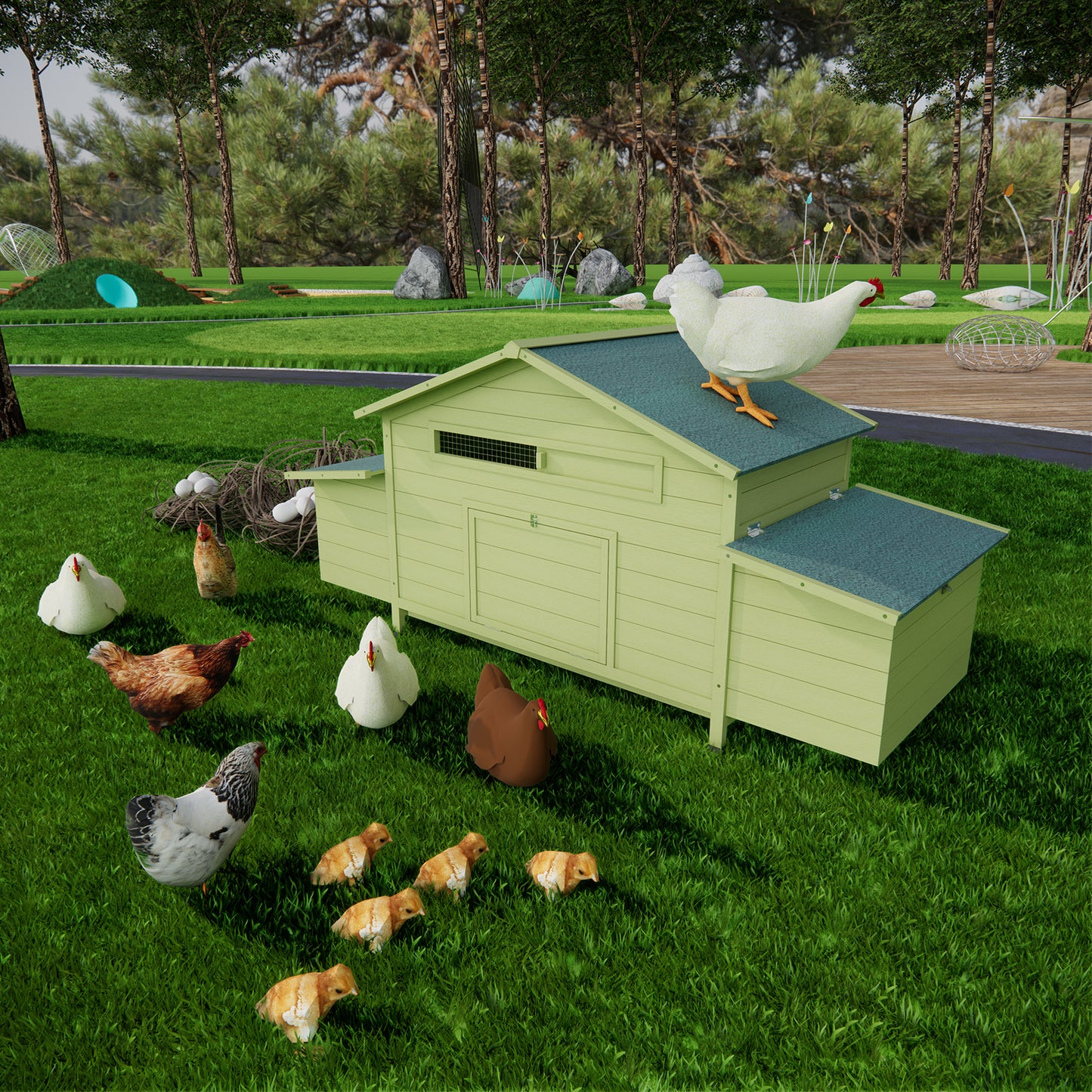 Light green twostory chicken coop with a white hen perched on top in a grassy yard with chicks