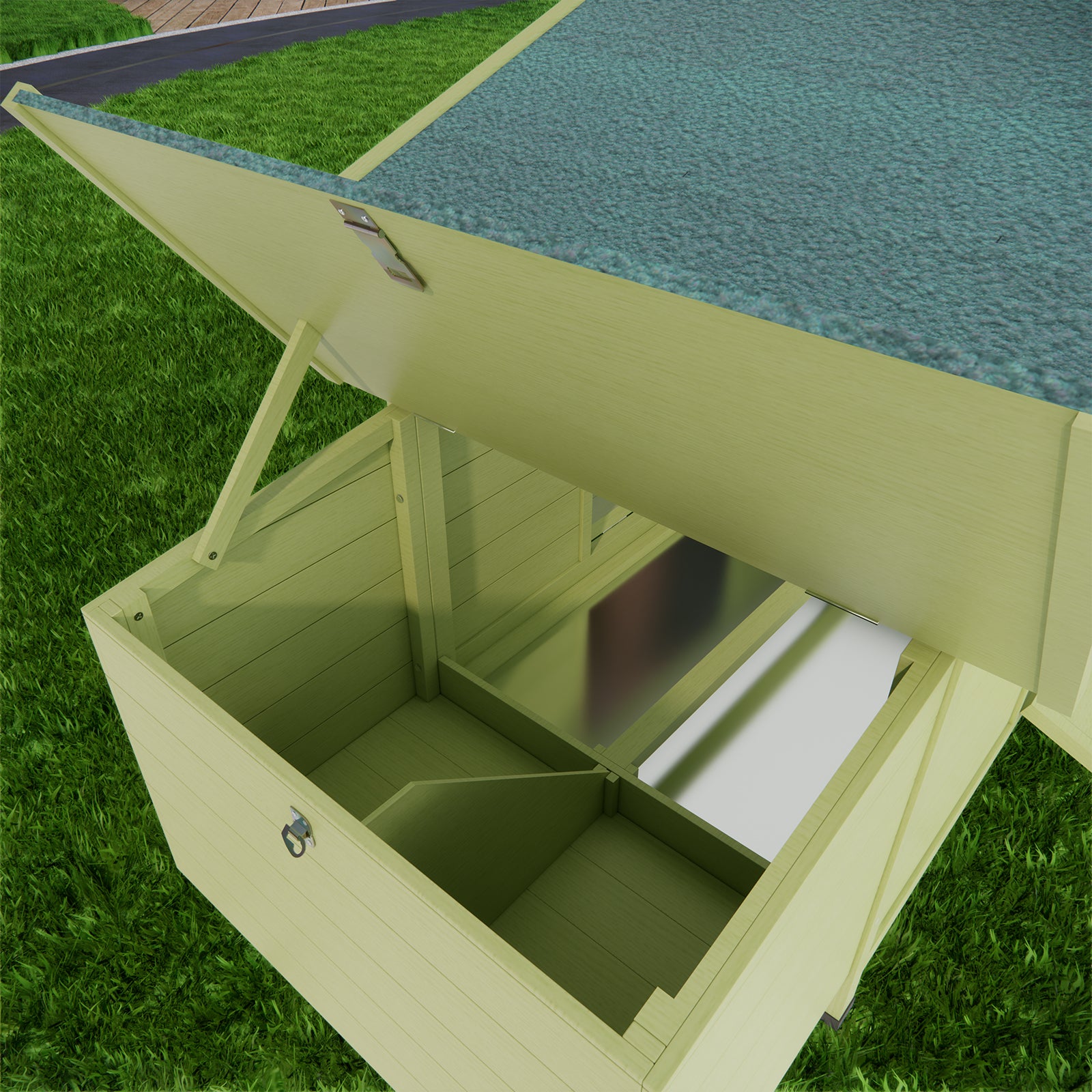 Light green wooden chicken coop with an open roof showing internal compartments for nesting